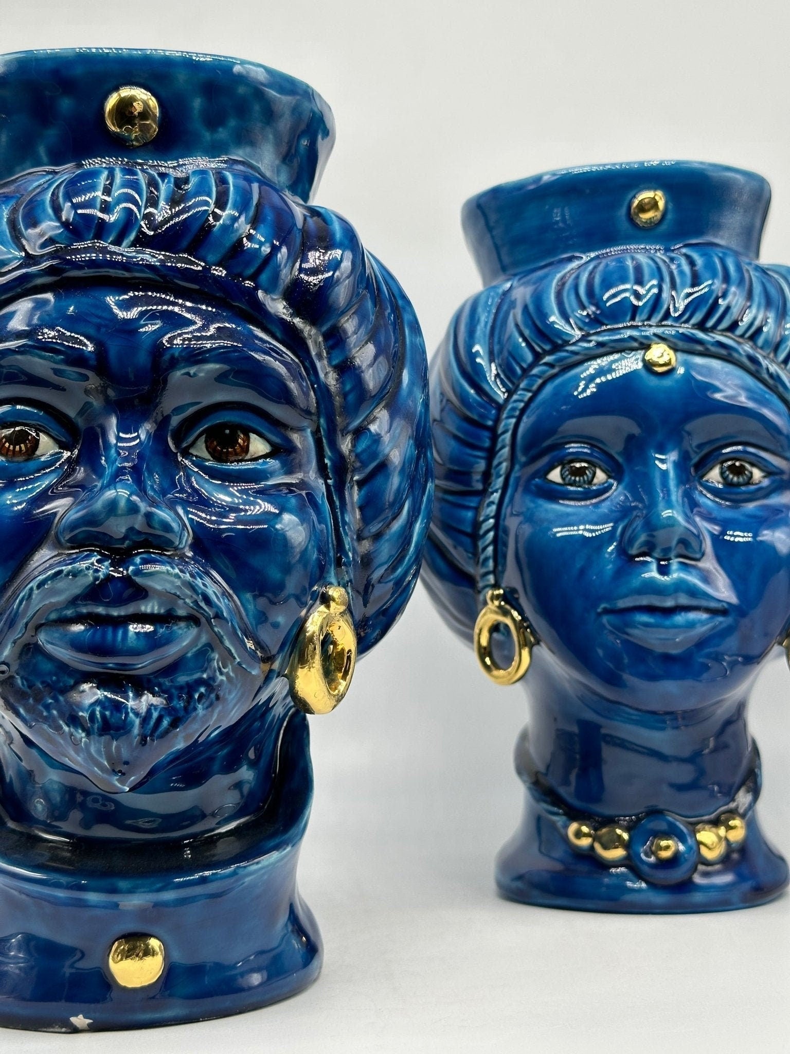 Teste di Moro Mediterraneo Ceramica Caltagirone cm H.29 L.22 Artigianale Blu Oro - DD CERAMICHE SICILIANE