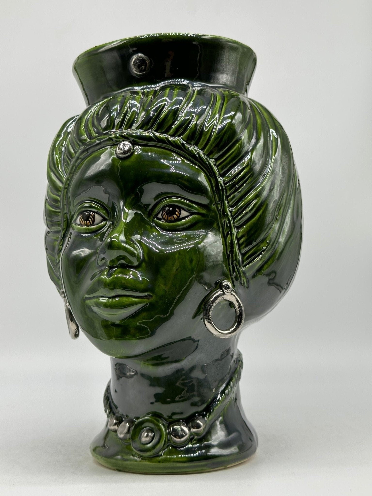 Teste di Moro Mediterraneo Ceramica Caltagirone cm H.29 L.22 Artigianale Verde Platino - DD CERAMICHE SICILIANE