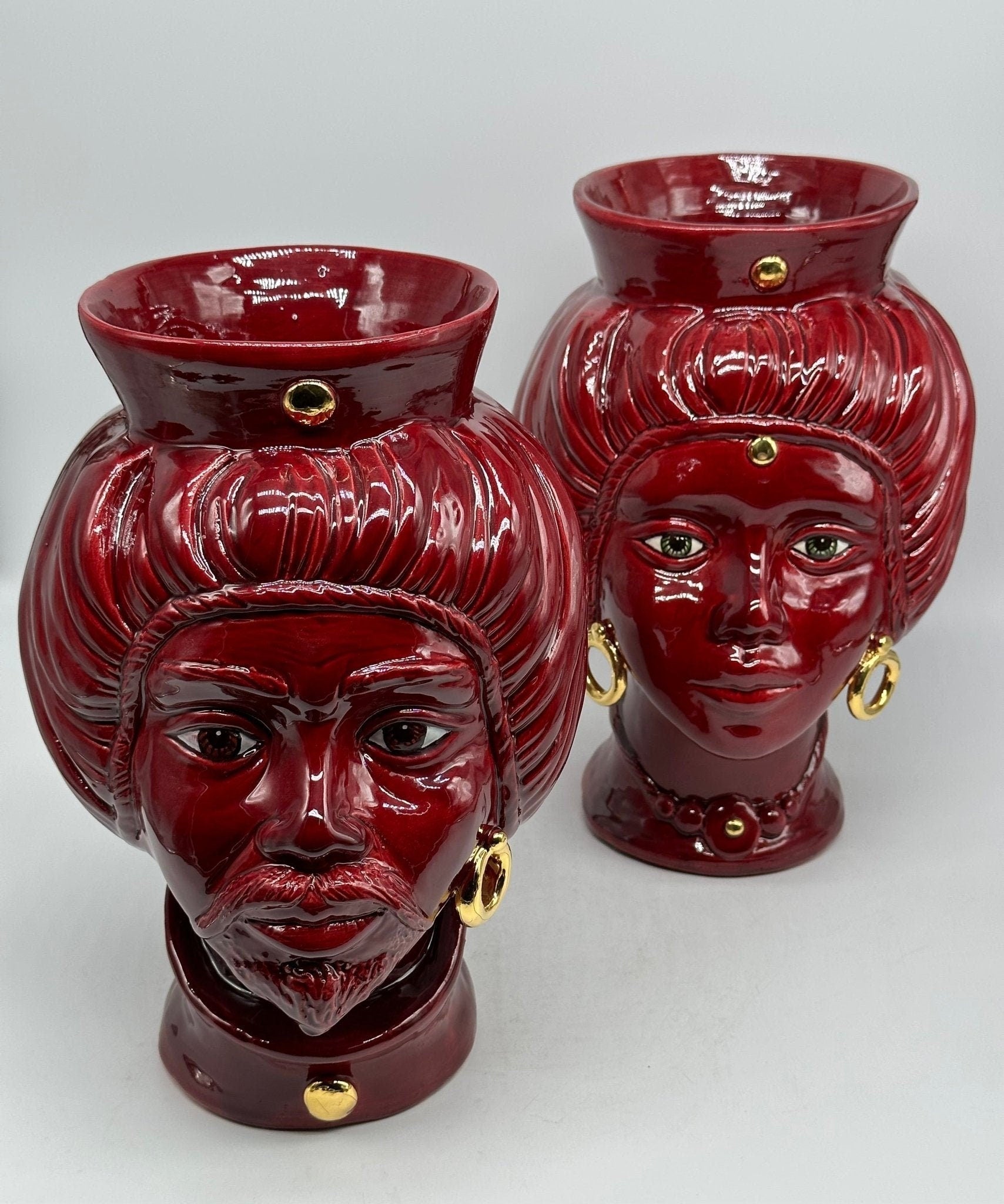 Teste di Moro Mediterraneo Ceramica Caltagirone cm H.29 L.22 Artigianale Bordeaux Oro - DD CERAMICHE SICILIANE
