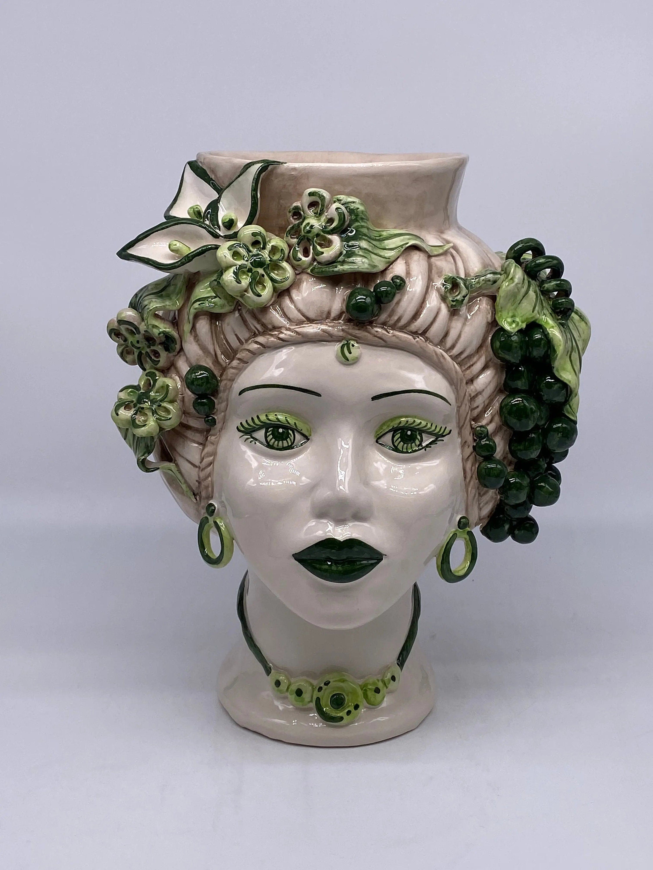 Teste di Moro Mediterraneo Ceramica Caltagirone cm H.29 L.22 Artigianale Bicolore Verde DD CERAMICHE SICILIANE