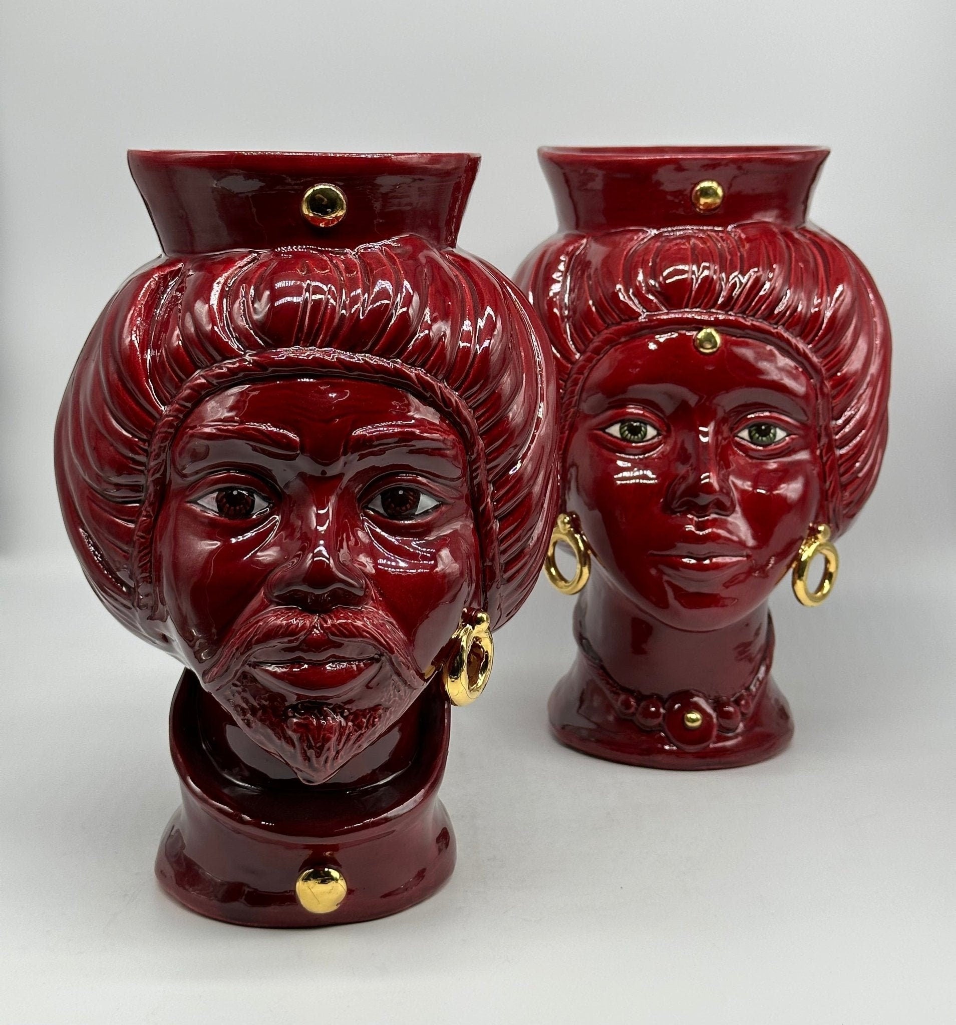 Teste di Moro Mediterraneo Ceramica Caltagirone cm H.29 L.22 Artigianale Bordeaux Oro - DD CERAMICHE SICILIANE