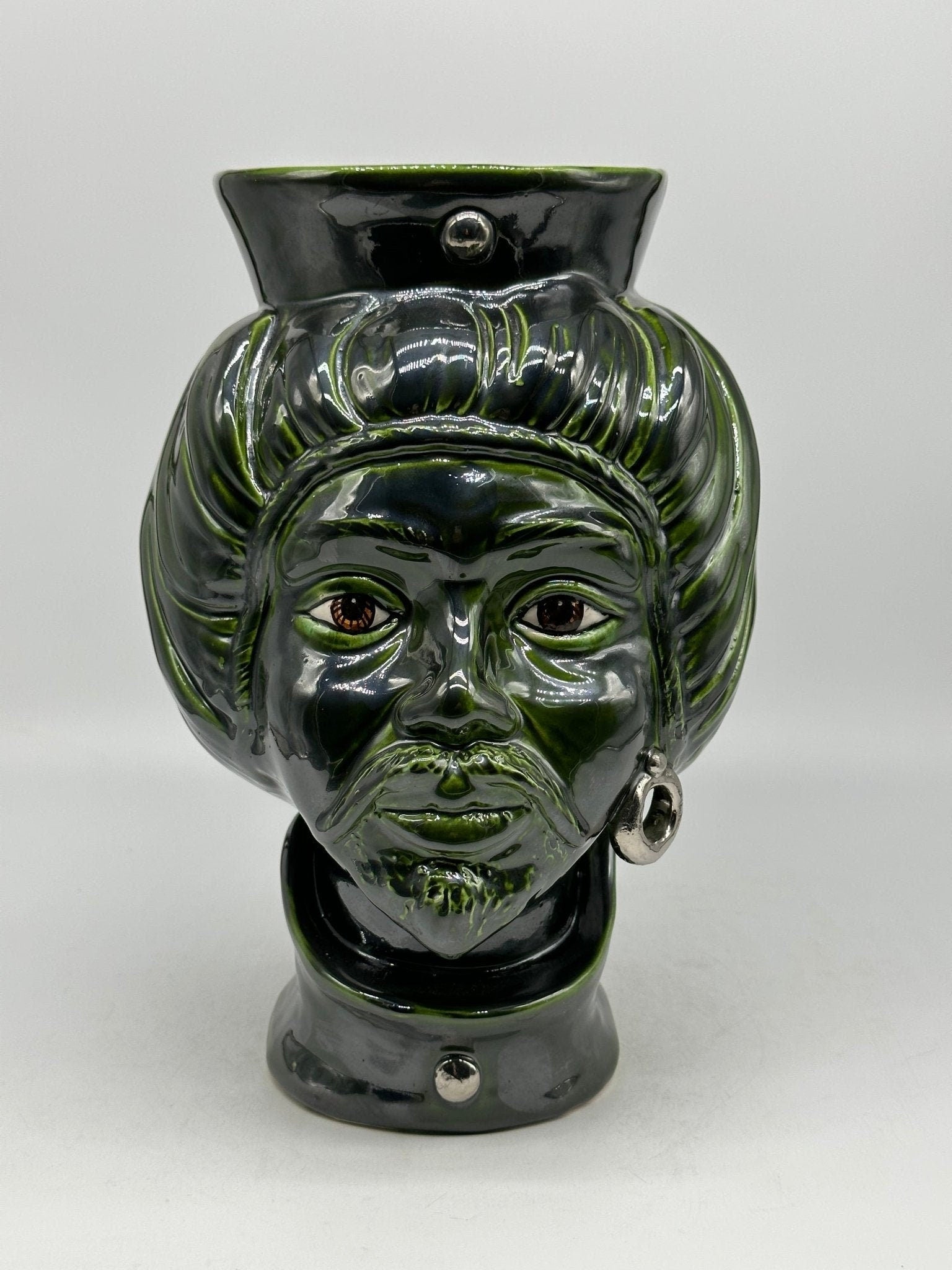 Teste di Moro Mediterraneo Ceramica Caltagirone cm H.29 L.22 Artigianale Verde Platino - DD CERAMICHE SICILIANE