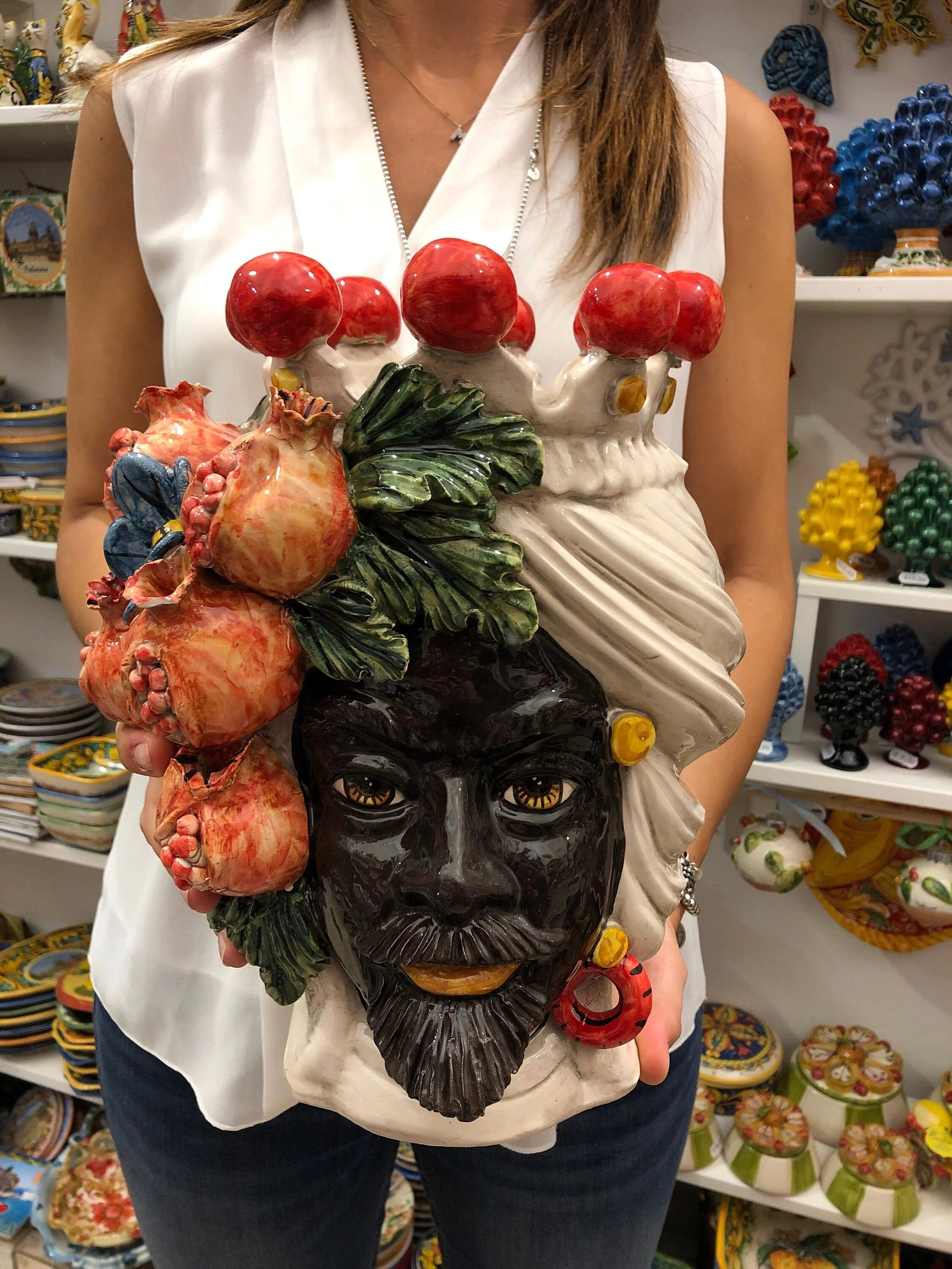 Teste di Moro Melograno Ceramica Caltagirone cm H.30 L.23 Artigianale DD CERAMICHE SICILIANE