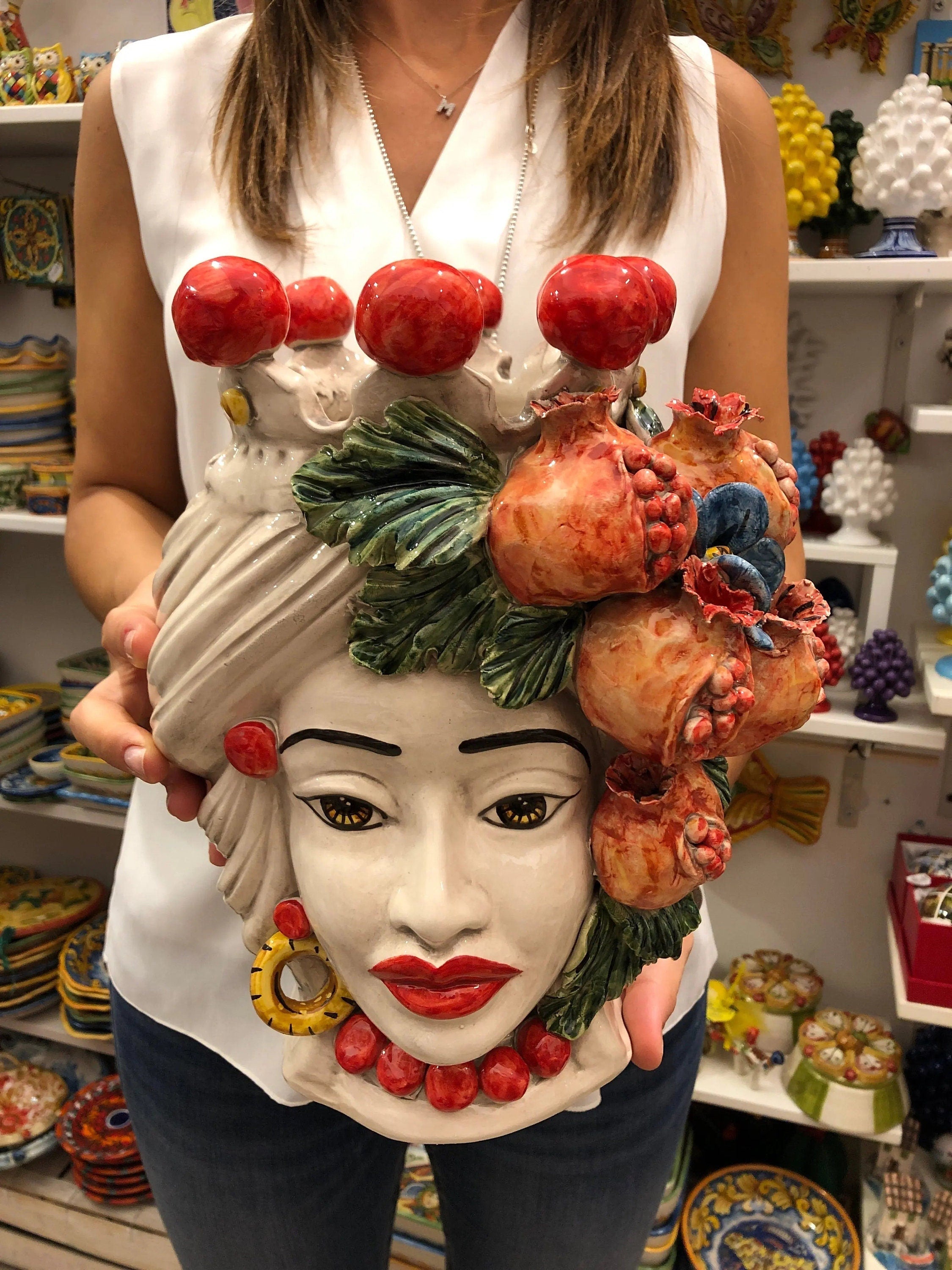 Teste di Moro Melograno Ceramica Caltagirone cm H.30 L.23 Artigianale DD CERAMICHE SICILIANE