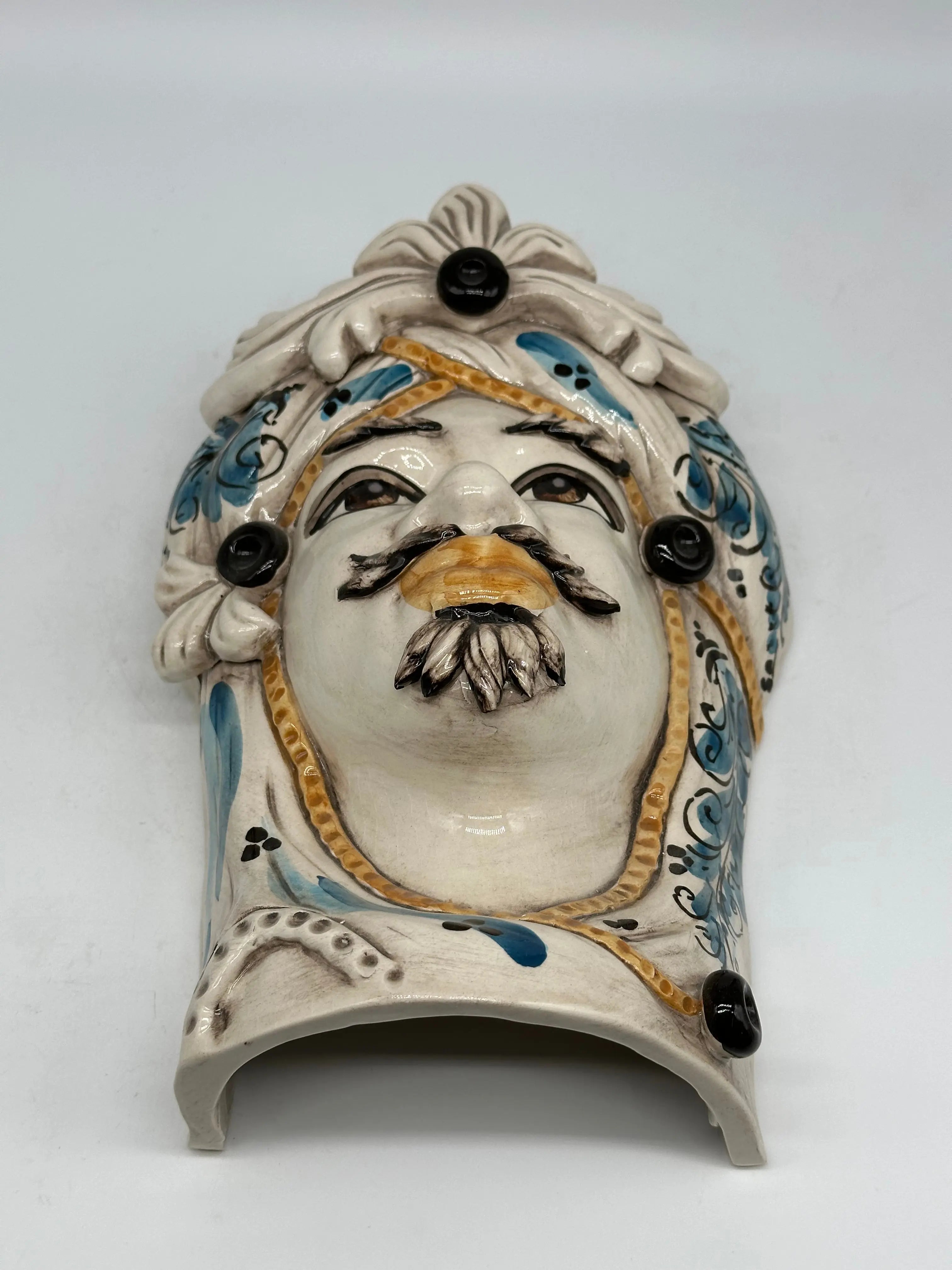 Teste di Moro Moresca Applique Ceramica Caltagirone cm H.28 L.20 Barocco Ocra Blu DD CERAMICHE SICILIANE