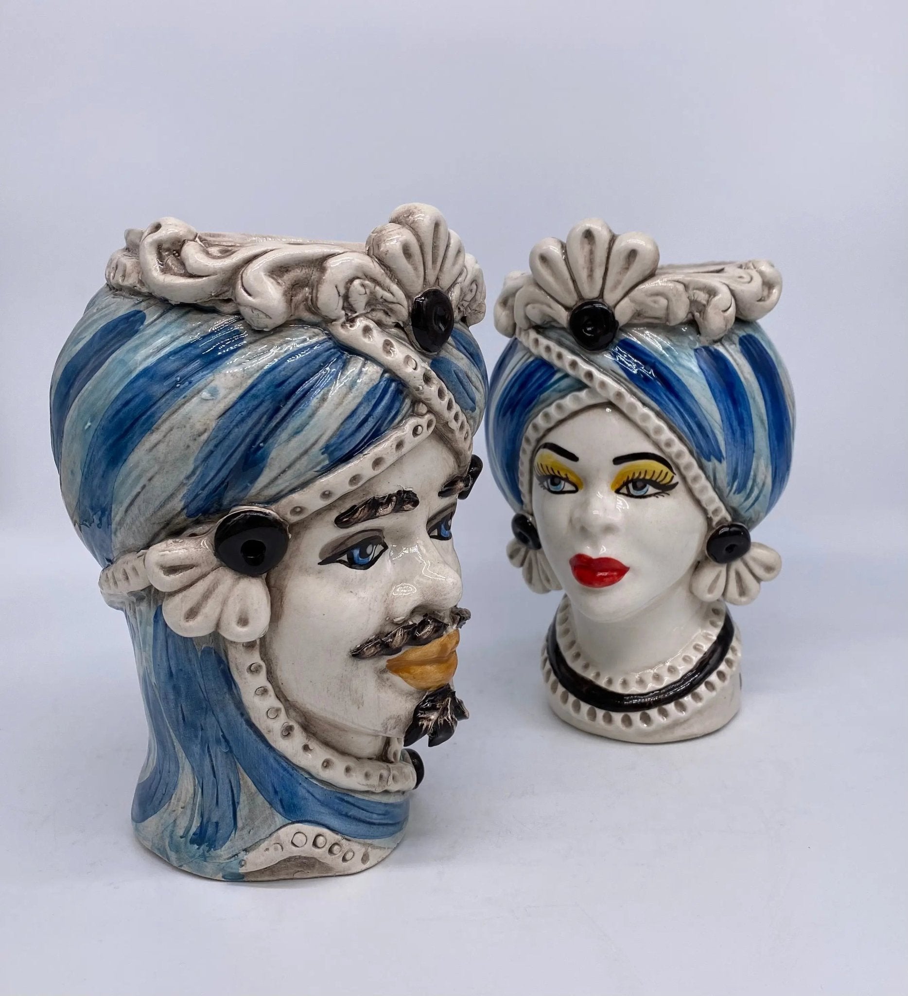 Teste di Moro Moresca Ceramica Caltagirone cm H.20 L.12 Artigianale Turbante Azzurro - DD CERAMICHE SICILIANE