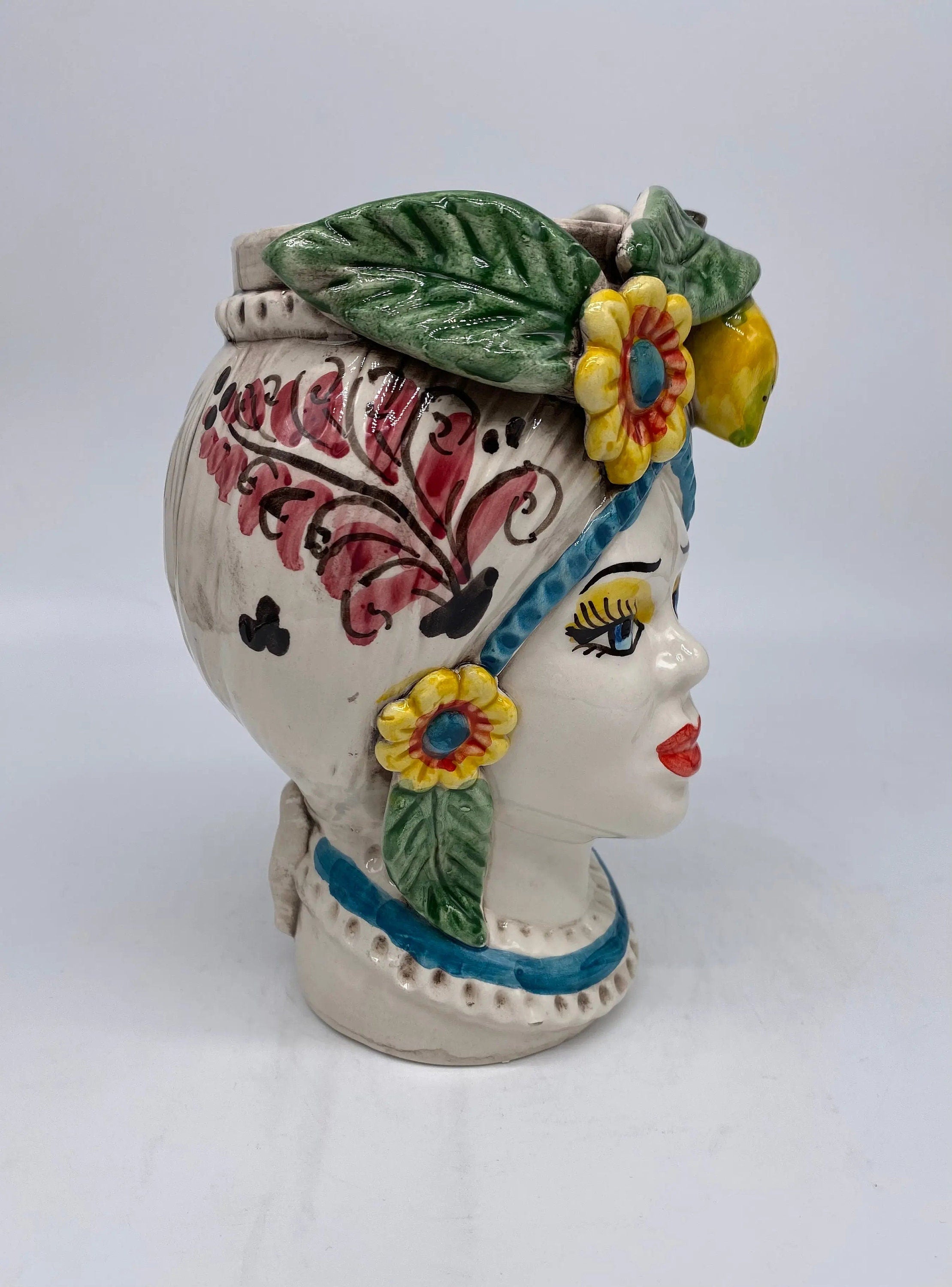 Teste di Moro Moresca Ceramica Caltagirone cm H.20 L.12 Artigianale Turbante Barocco Fiori Limoni DD CERAMICHE SICILIANE