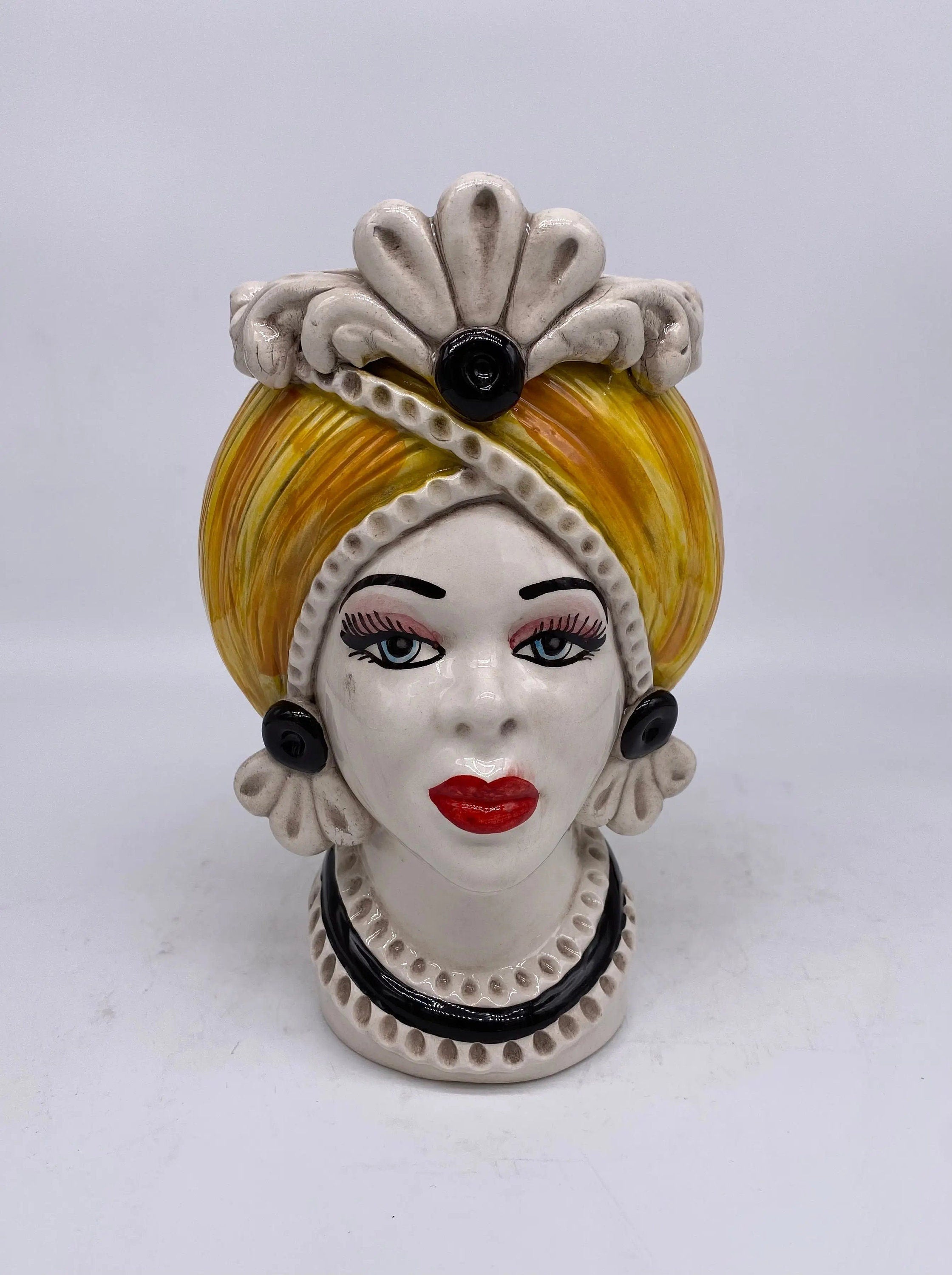 Teste di Moro Moresca Ceramica Caltagirone cm H.20 L.12 Artigianale Turbante Ocra DD CERAMICHE SICILIANE