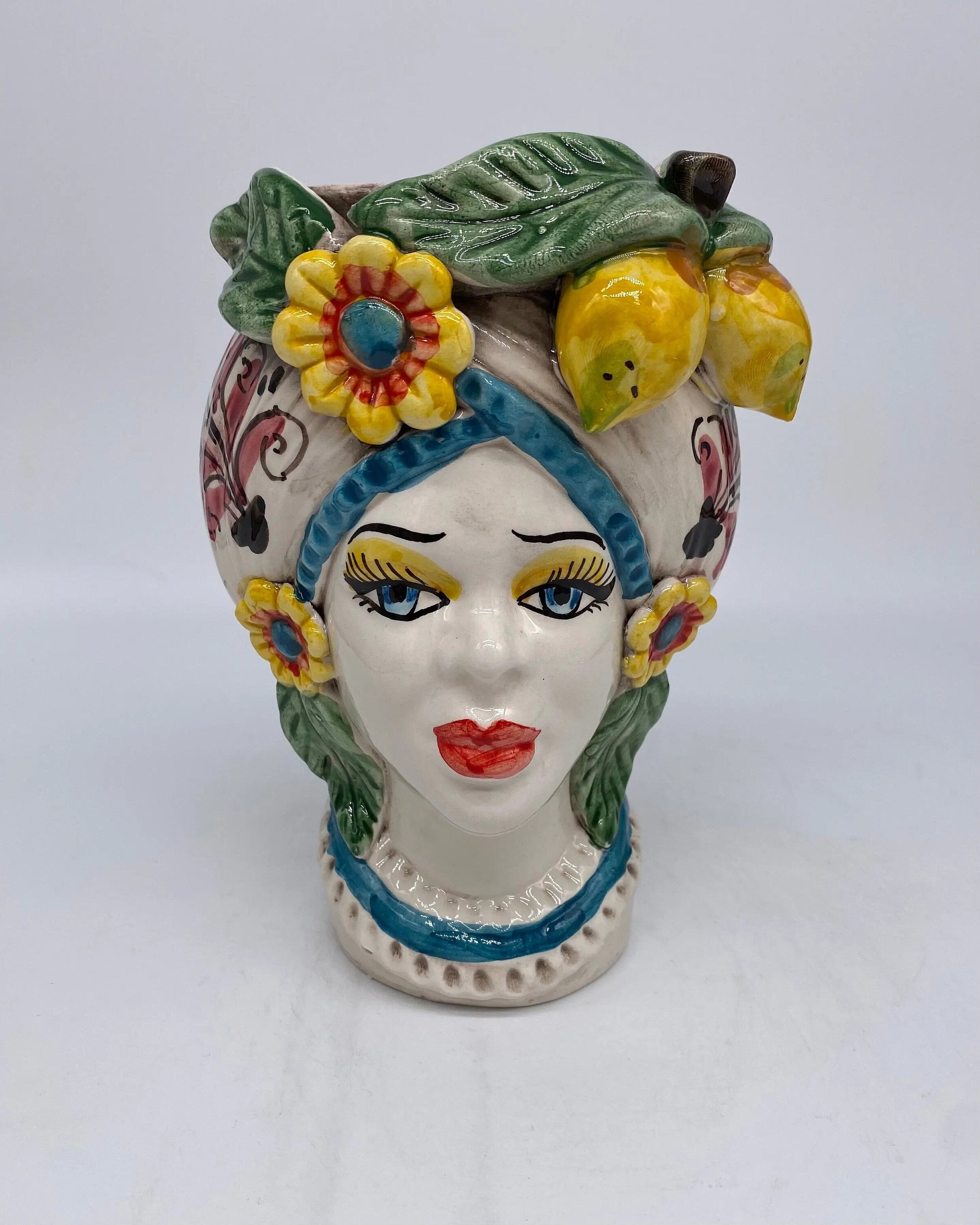 Teste di Moro Moresca Ceramica Caltagirone cm H.20 L.12 Artigianale Turbante Barocco Fiori Limoni DD CERAMICHE SICILIANE
