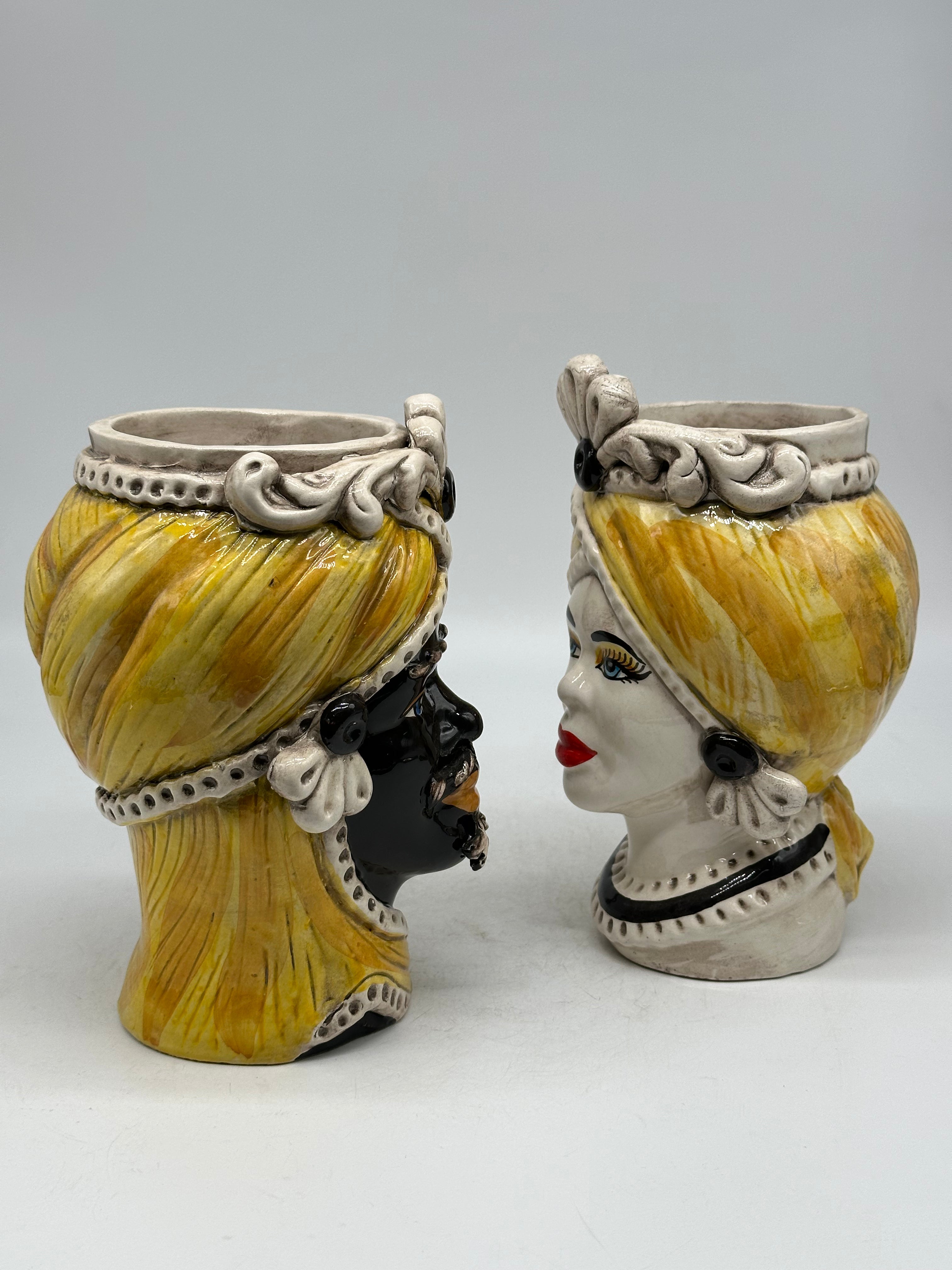 Teste di Moro Moresca Ceramica Caltagirone cm H.20 L.12 Artigianale Turbante Ocra - TESTE DI MORO