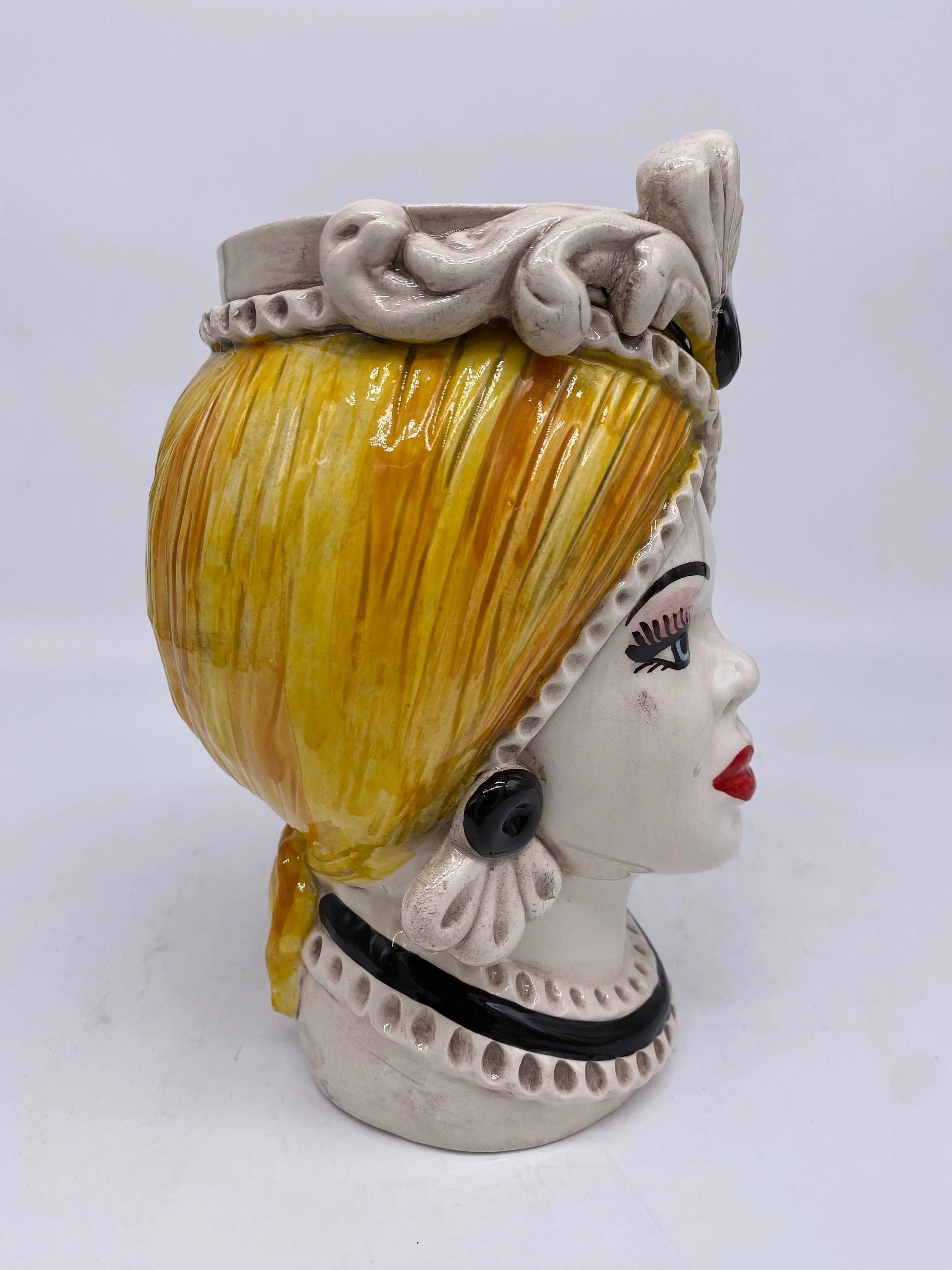 Teste di Moro Moresca Ceramica Caltagirone cm H.20 L.12 Artigianale Turbante Ocra DD CERAMICHE SICILIANE