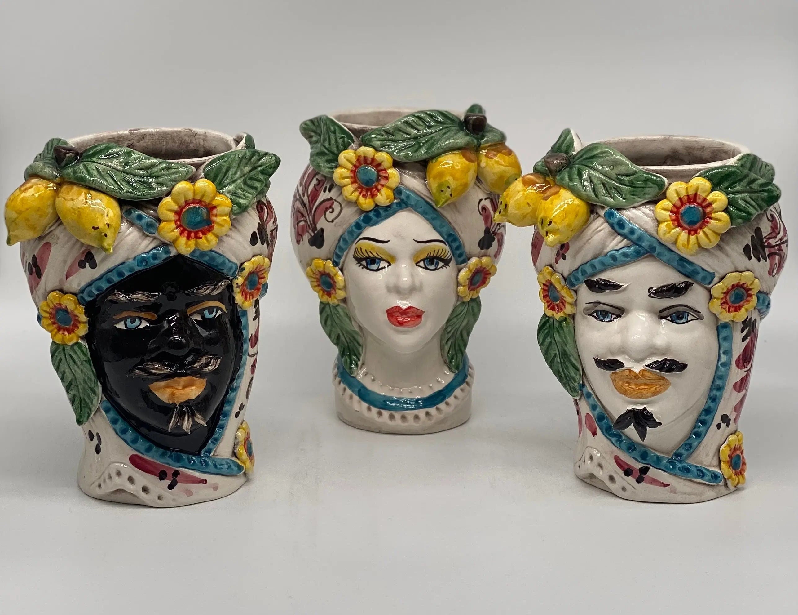 Teste di Moro Moresca Ceramica Caltagirone cm H.20 L.12 Artigianale Turbante Barocco Fiori Limoni DD CERAMICHE SICILIANE