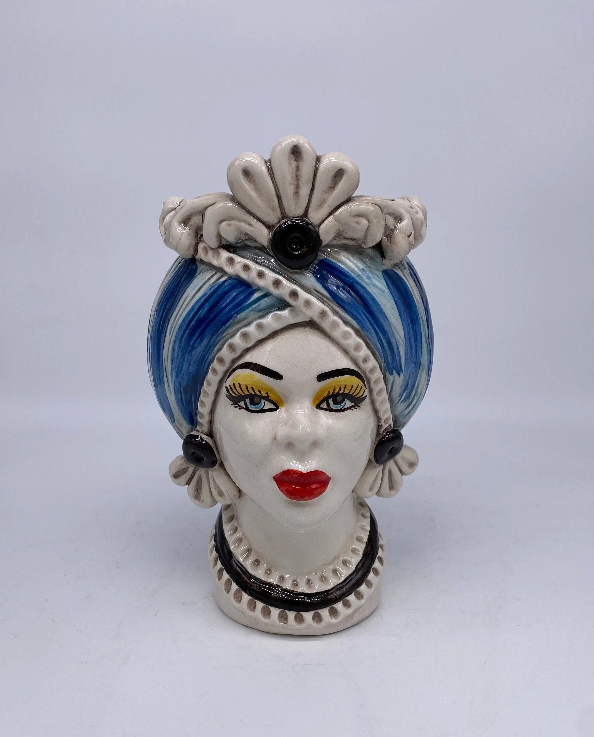 Teste di Moro Moresca Ceramica Caltagirone cm H.20 L.12 Artigianale Turbante Azzurro DD CERAMICHE SICILIANE