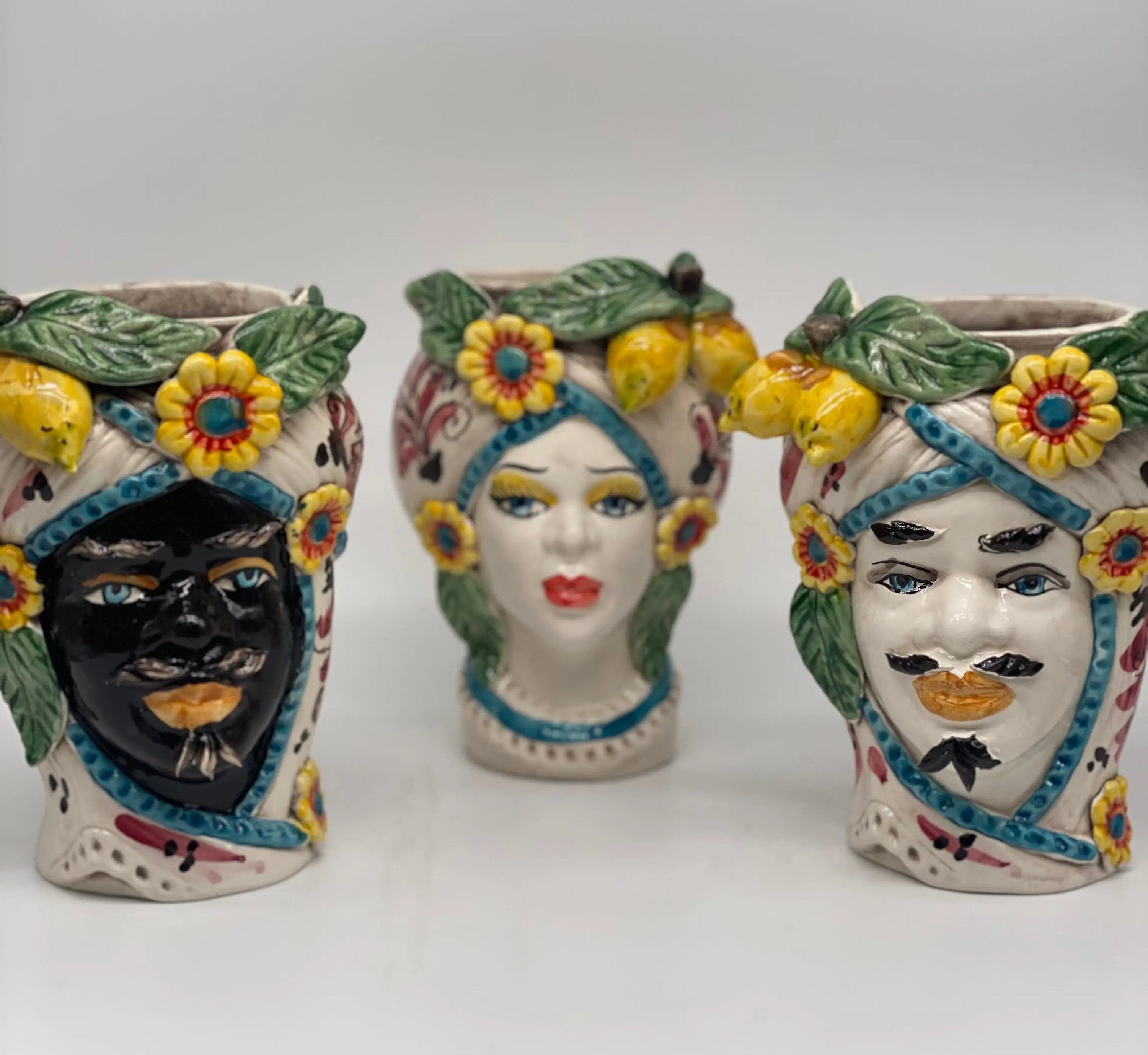 Teste di Moro Moresca Ceramica Caltagirone cm H.20 L.12 Artigianale Turbante Barocco Fiori Limoni DD CERAMICHE SICILIANE