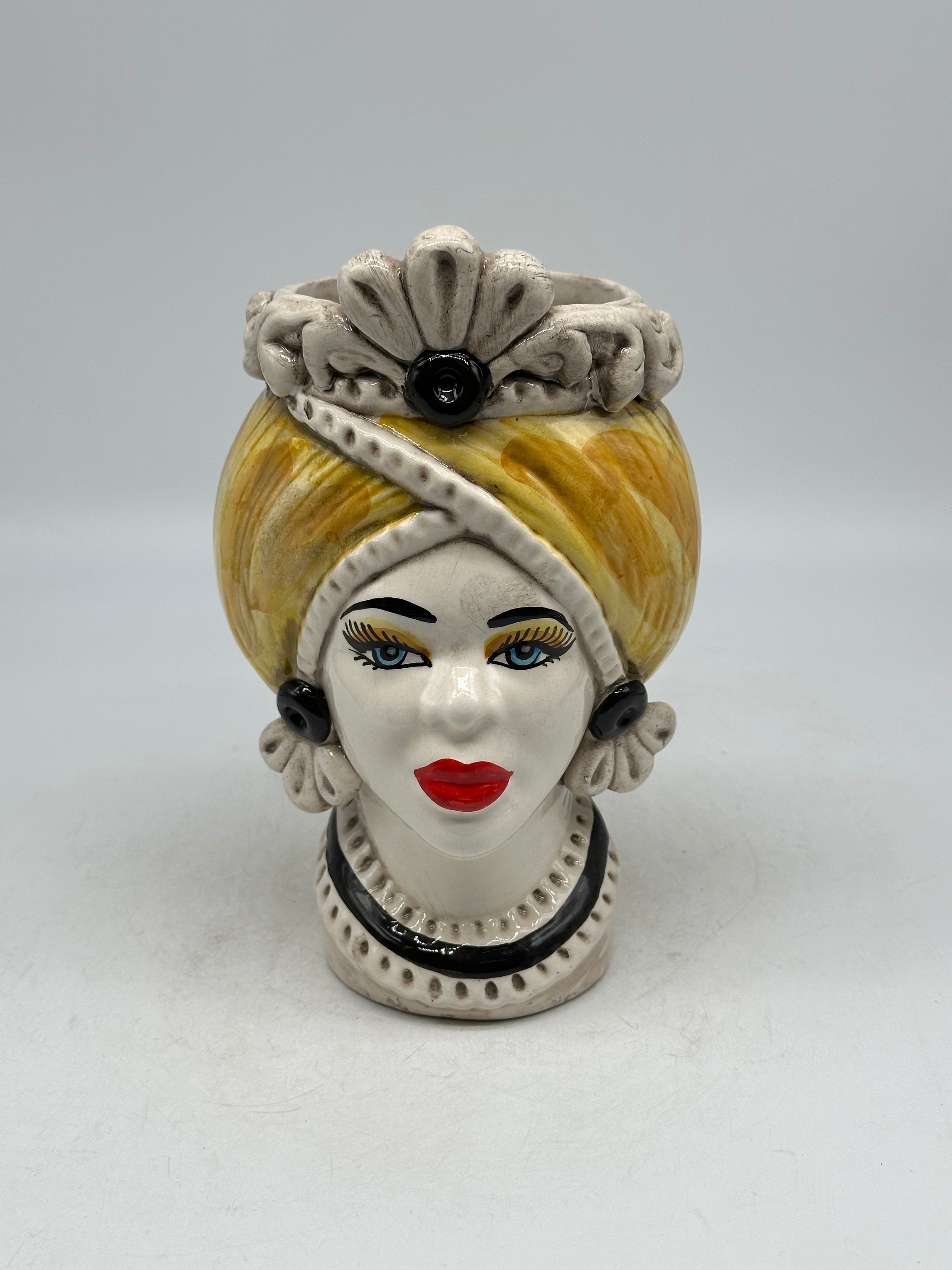 Teste di Moro Moresca Ceramica Caltagirone cm H.20 L.12 Artigianale Turbante Ocra - Donna - TESTE DI MORO