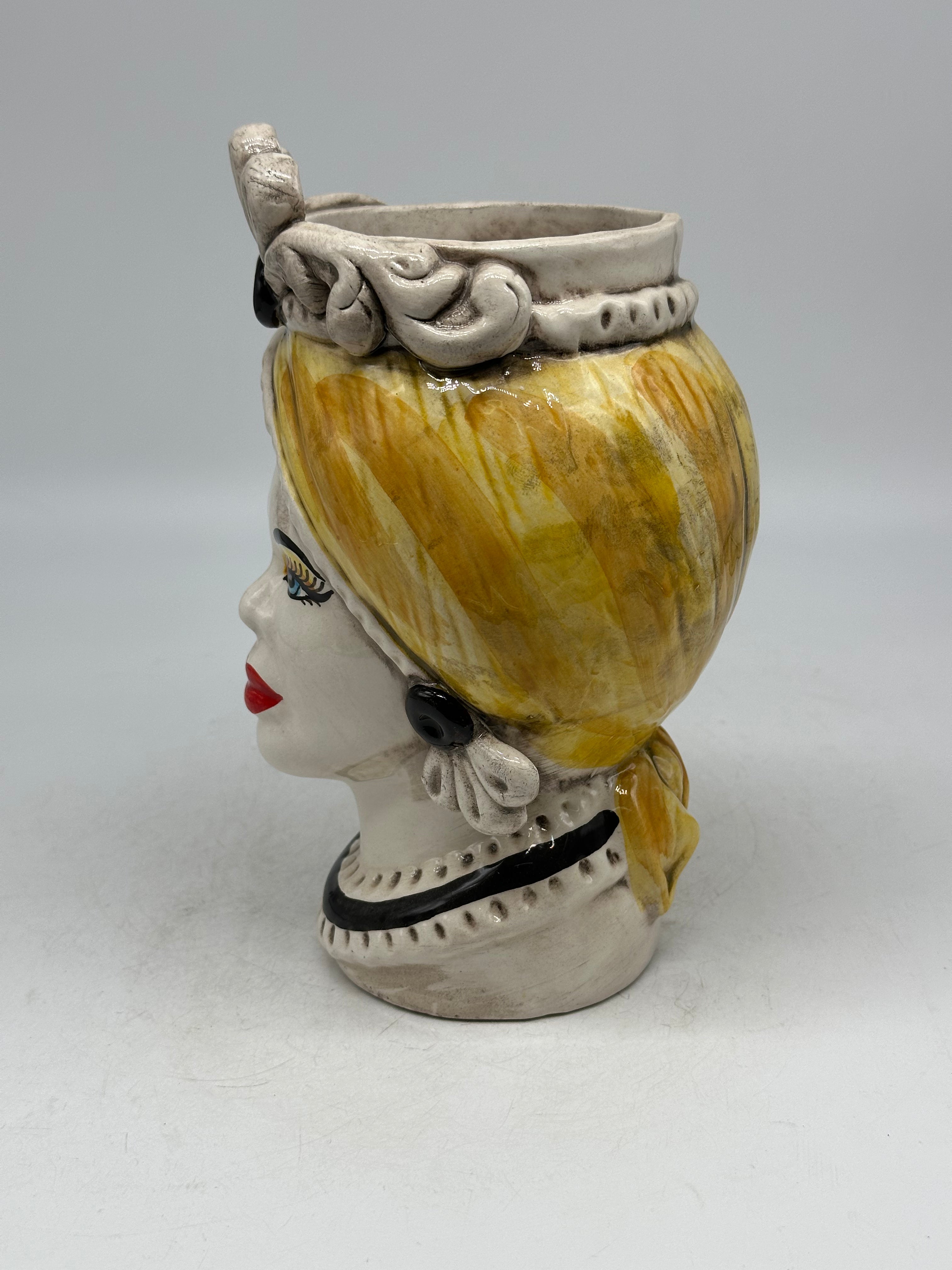 Teste di Moro Moresca Ceramica Caltagirone cm H.20 L.12 Artigianale Turbante Ocra - TESTE DI MORO