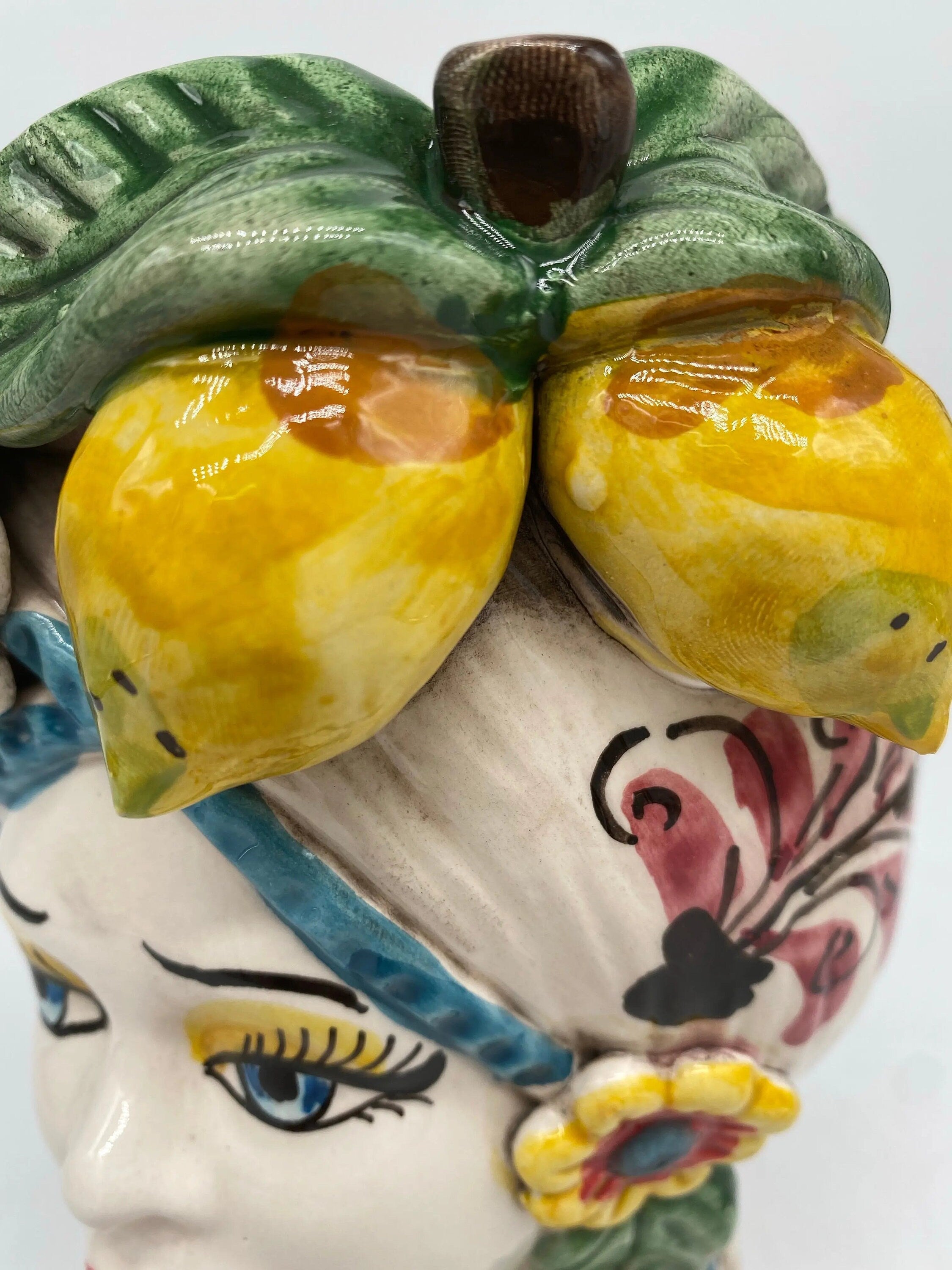 Teste di Moro Moresca Ceramica Caltagirone cm H.20 L.12 Artigianale Turbante Barocco Fiori Limoni DD CERAMICHE SICILIANE