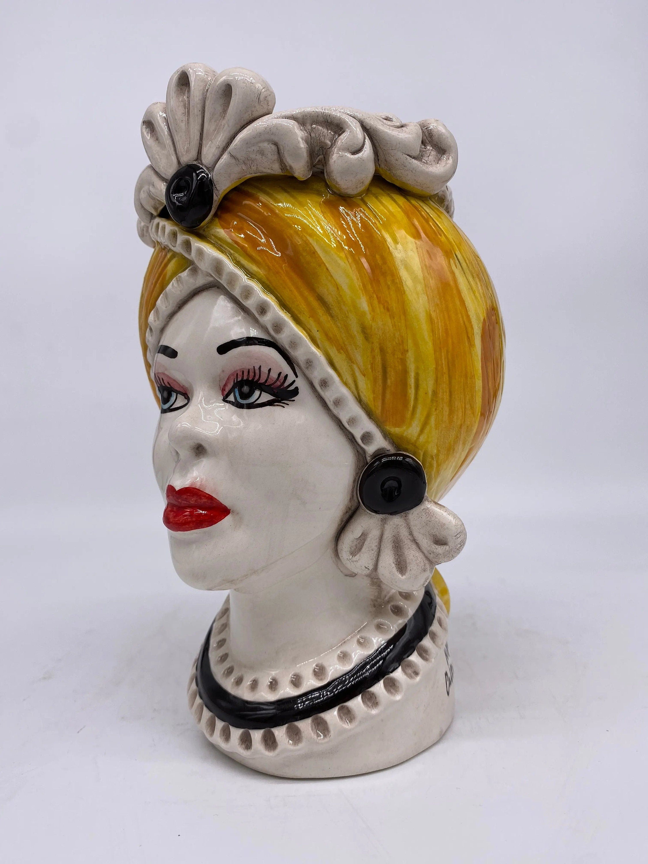 Teste di Moro Moresca Ceramica Caltagirone cm H.20 L.12 Artigianale Turbante Ocra DD CERAMICHE SICILIANE