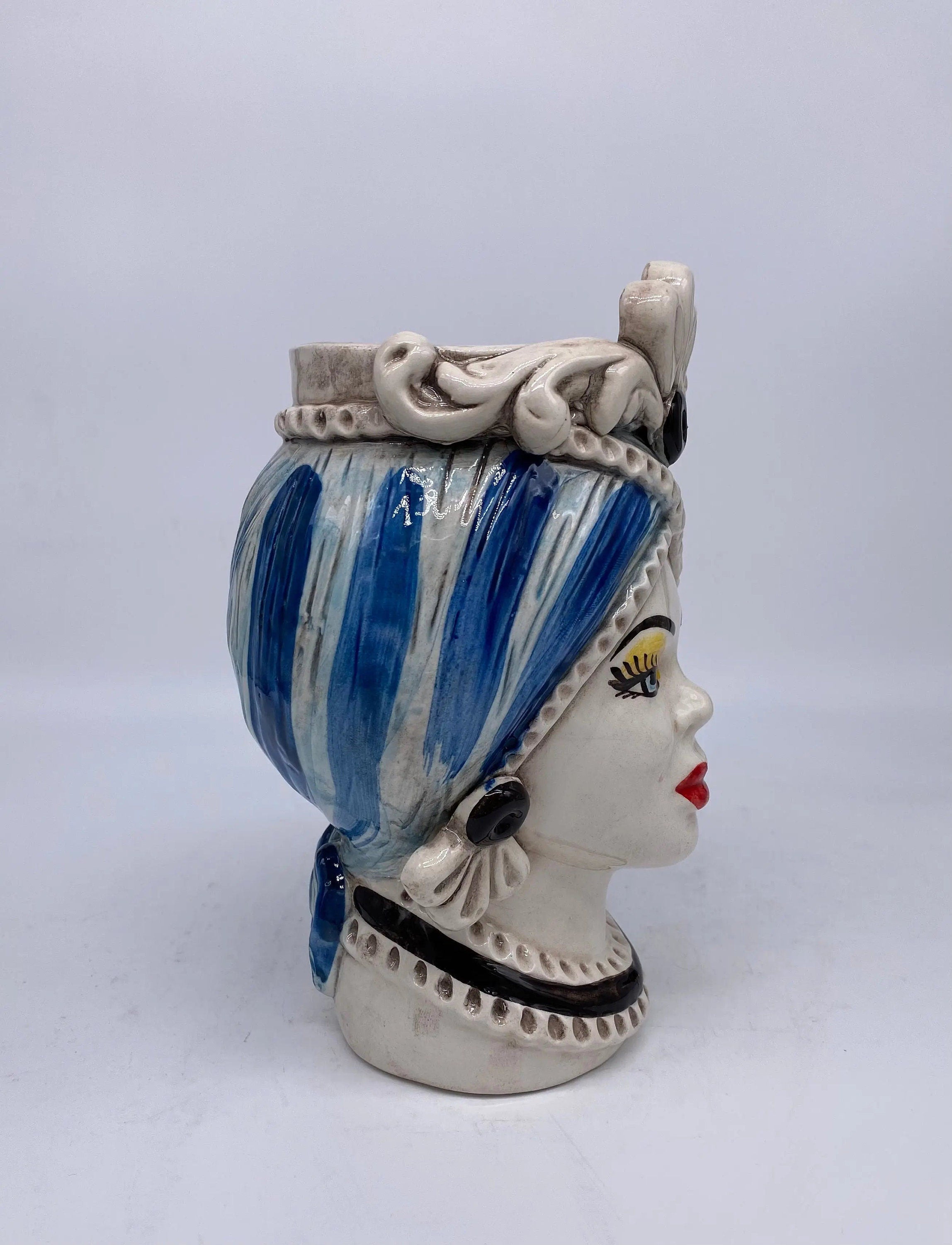Teste di Moro Moresca Ceramica Caltagirone cm H.20 L.12 Artigianale Turbante Azzurro DD CERAMICHE SICILIANE