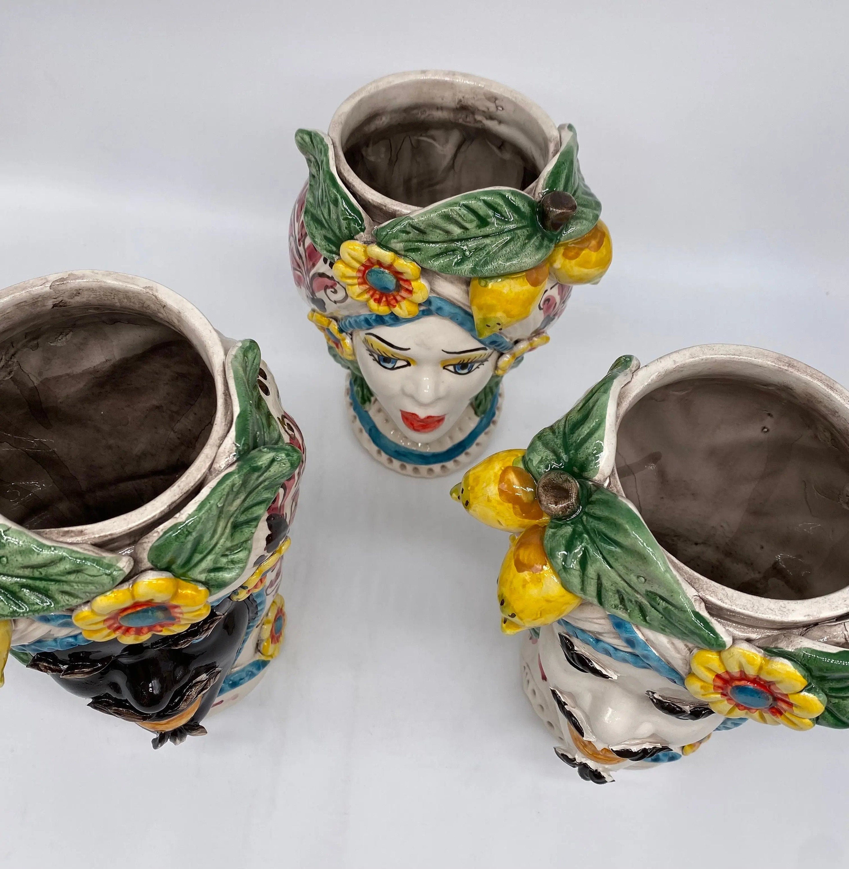 Teste di Moro Moresca Ceramica Caltagirone cm H.20 L.12 Artigianale Turbante Barocco Fiori Limoni DD CERAMICHE SICILIANE