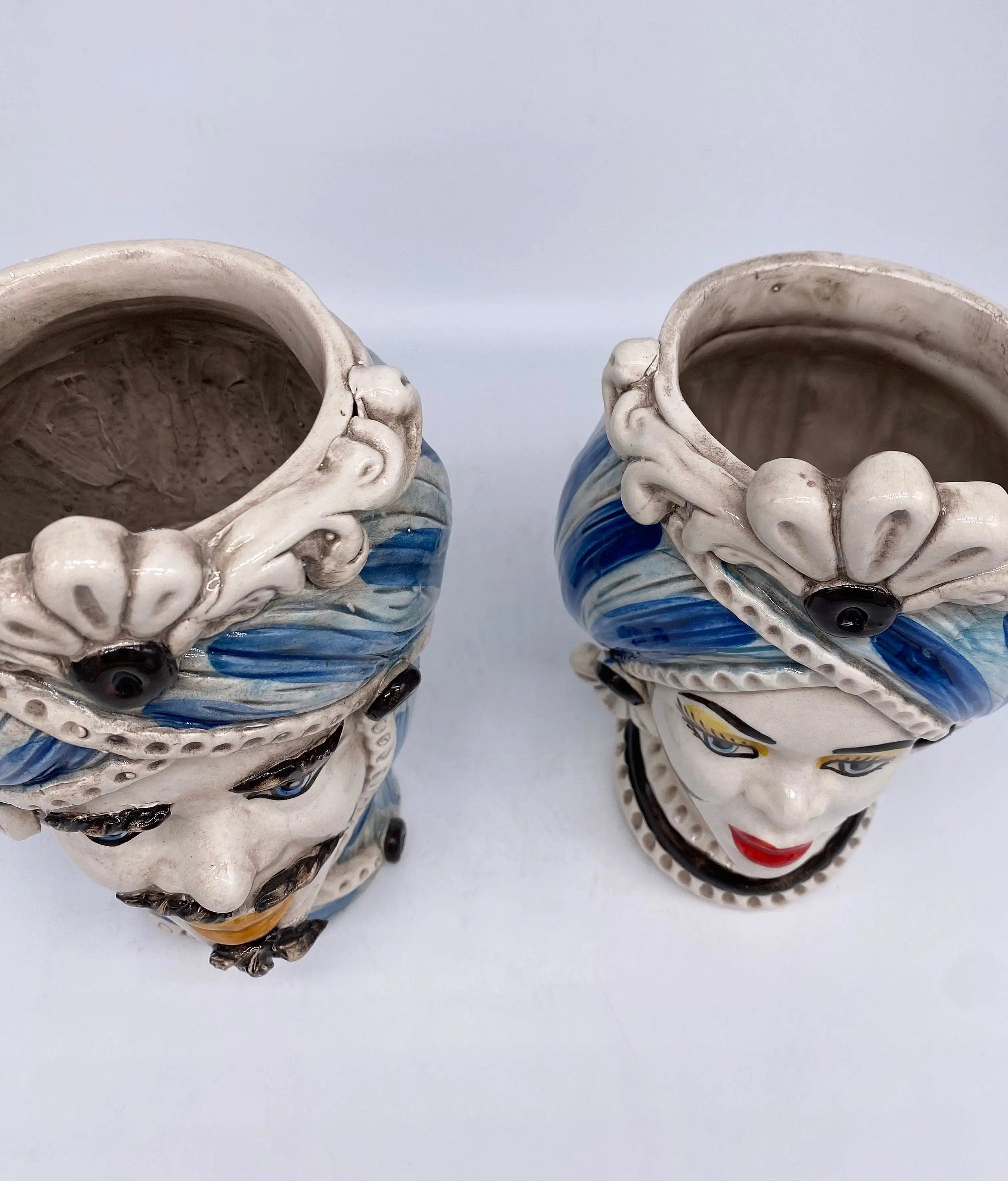 Teste di Moro Moresca Ceramica Caltagirone cm H.20 L.12 Artigianale Turbante Azzurro DD CERAMICHE SICILIANE