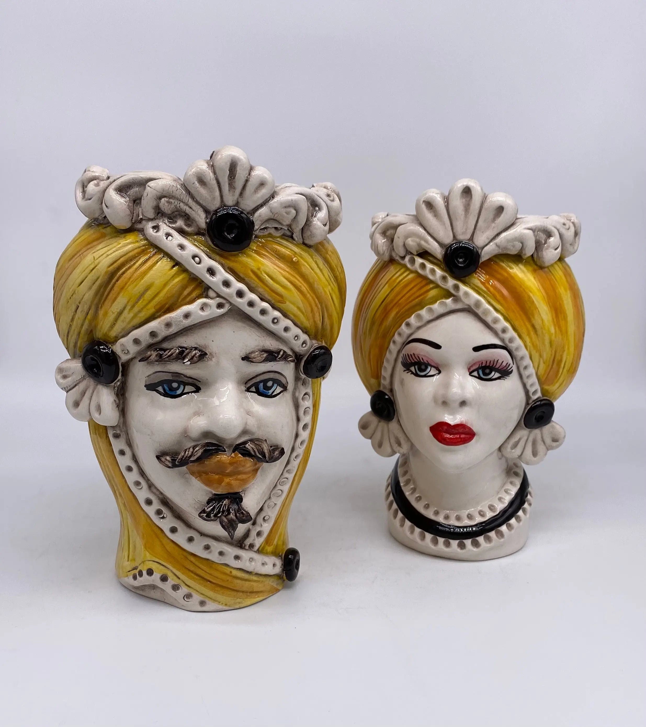 Teste di Moro Moresca Ceramica Caltagirone cm H.20 L.12 Artigianale Turbante Ocra DD CERAMICHE SICILIANE