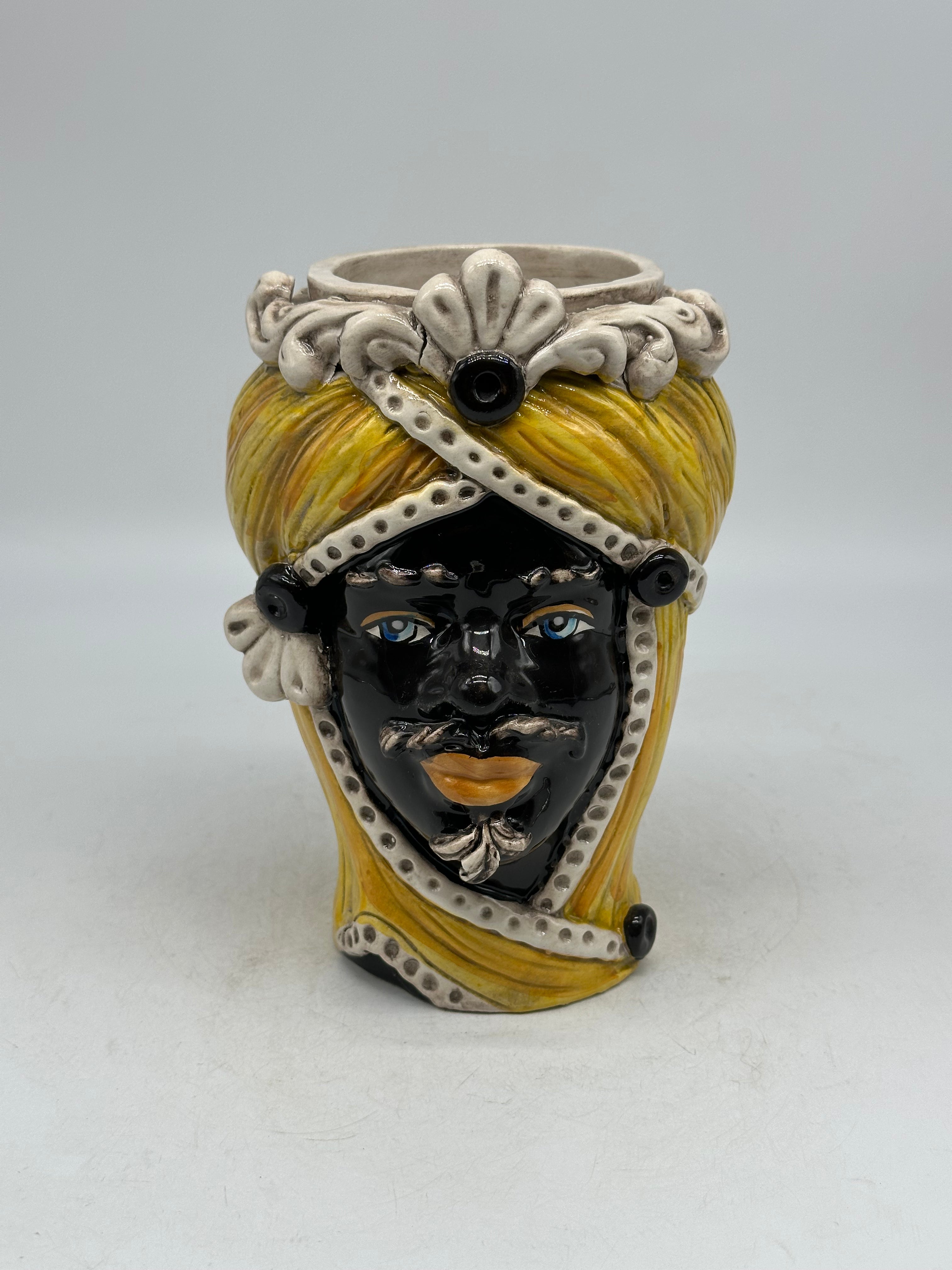 Teste di Moro Moresca Ceramica Caltagirone cm H.20 L.12 Artigianale Turbante Ocra - Uomo - TESTE DI MORO