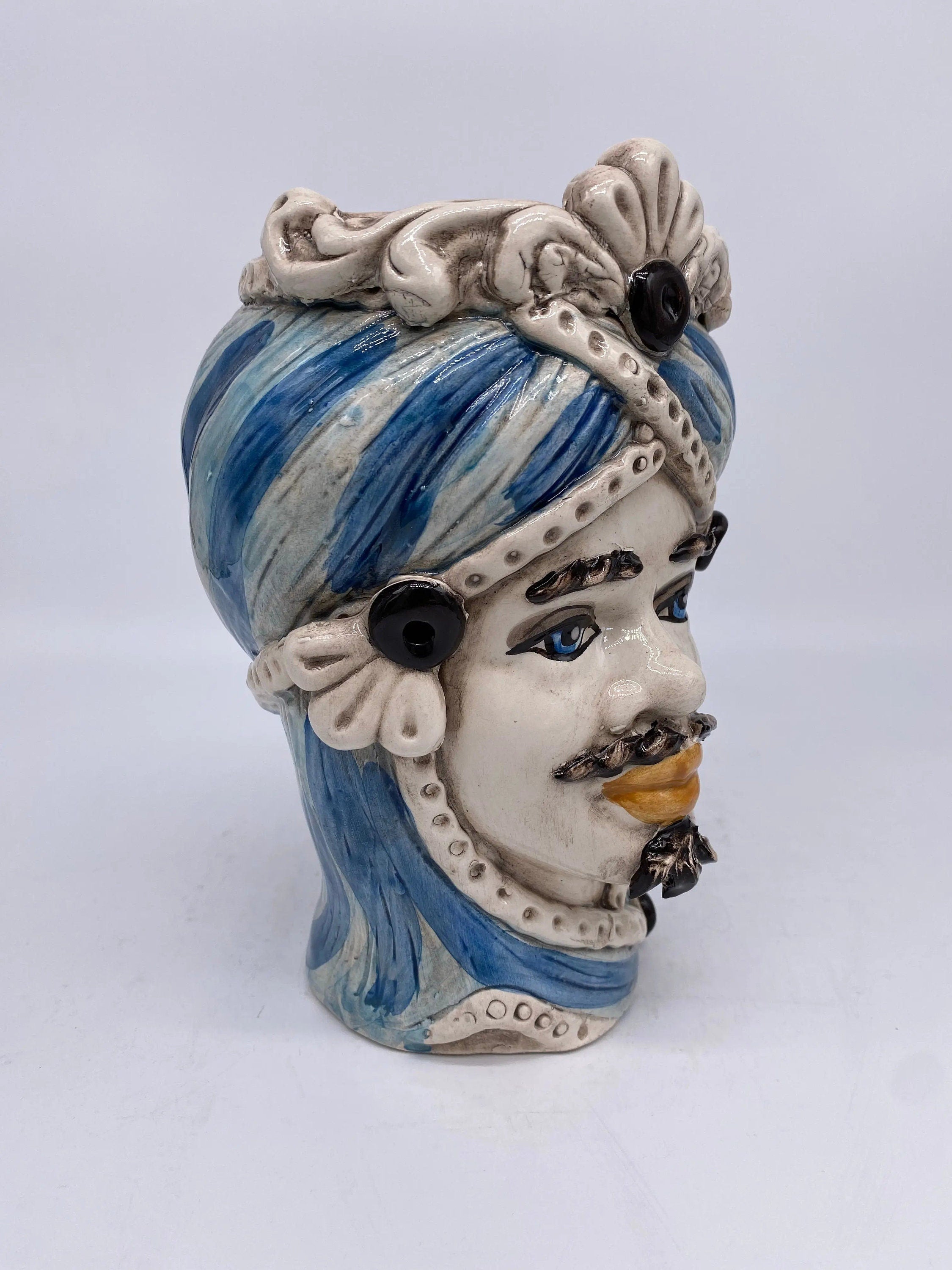 Teste di Moro Moresca Ceramica Caltagirone cm H.20 L.12 Artigianale Turbante Azzurro DD CERAMICHE SICILIANE