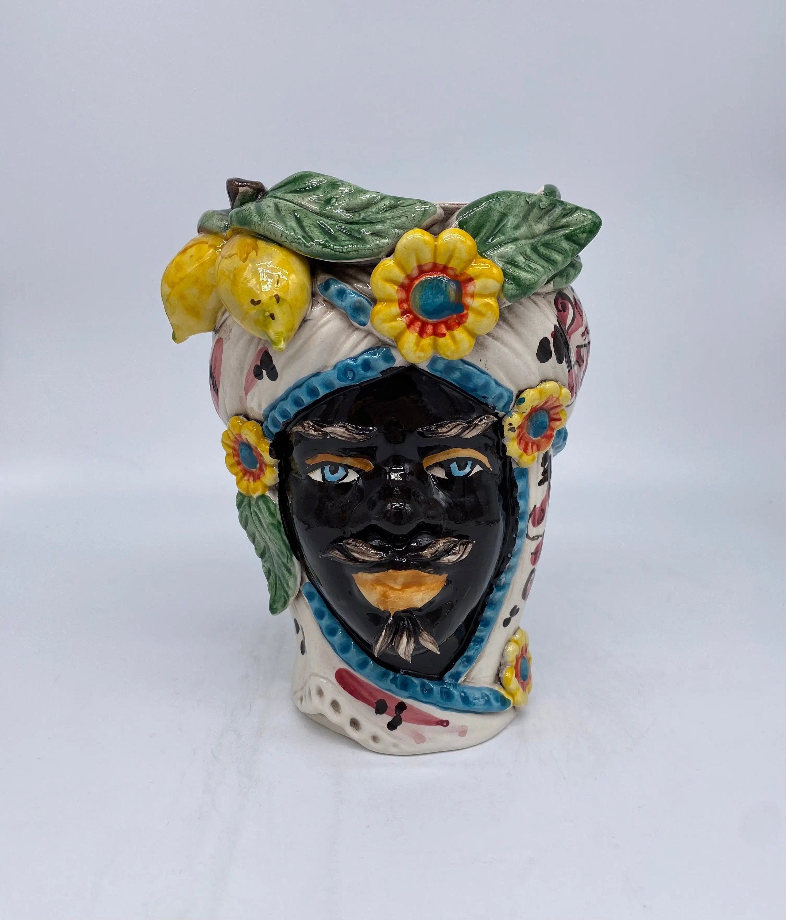 Teste di Moro Moresca Ceramica Caltagirone cm H.20 L.12 Artigianale Turbante Barocco Fiori Limoni DD CERAMICHE SICILIANE