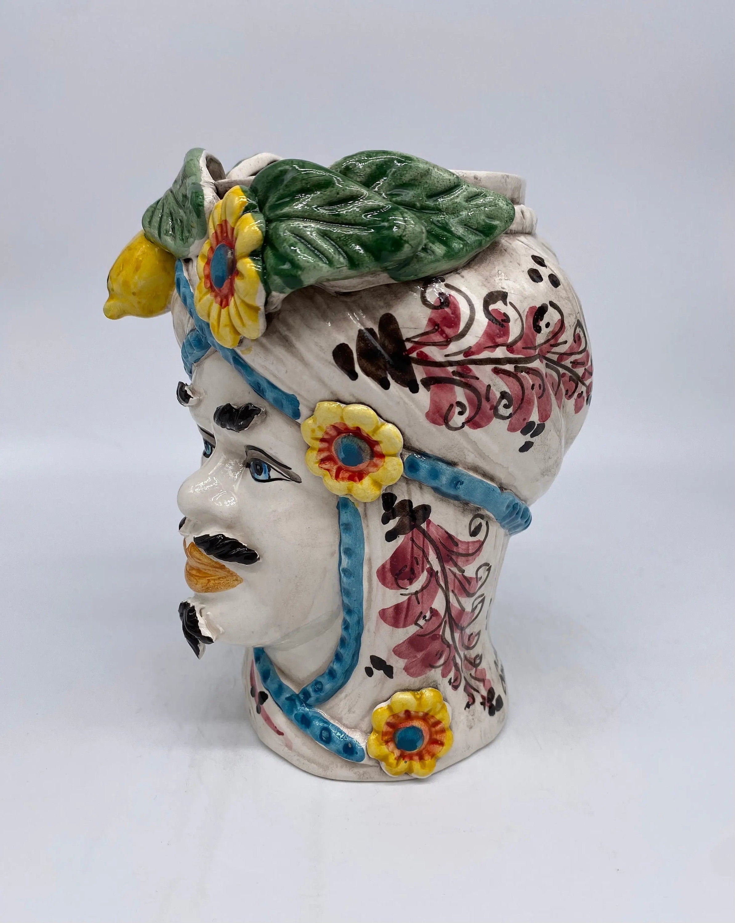 Teste di Moro Moresca Ceramica Caltagirone cm H.20 L.12 Artigianale Turbante Barocco Fiori Limoni DD CERAMICHE SICILIANE