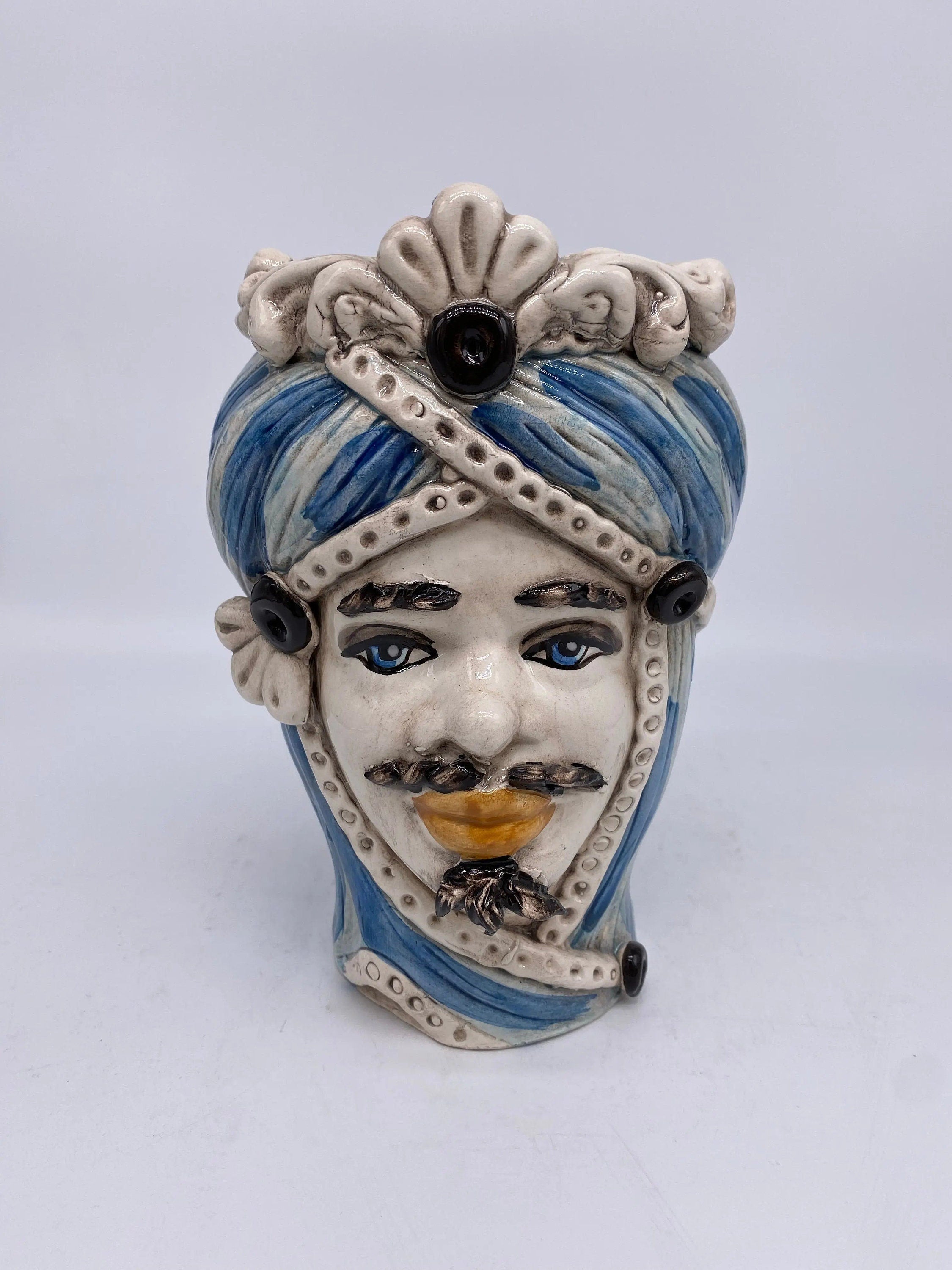 Teste di Moro Moresca Ceramica Caltagirone cm H.20 L.12 Artigianale Turbante Azzurro DD CERAMICHE SICILIANE