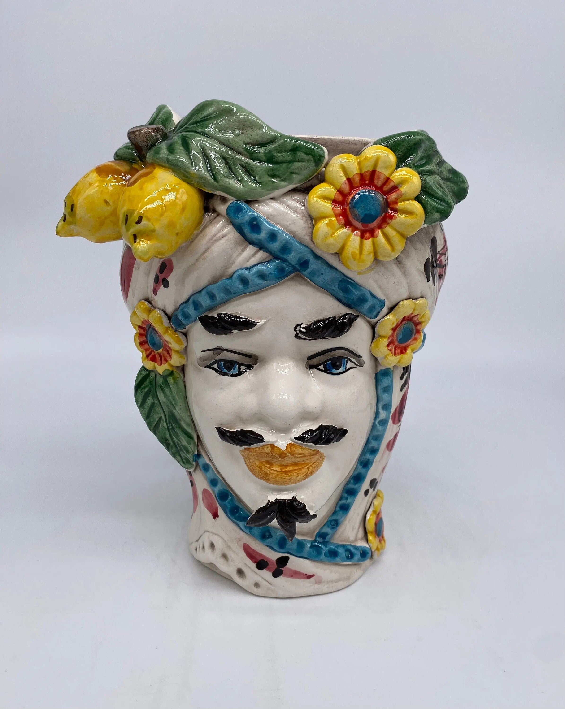 Teste di Moro Moresca Ceramica Caltagirone cm H.20 L.12 Artigianale Turbante Barocco Fiori Limoni DD CERAMICHE SICILIANE