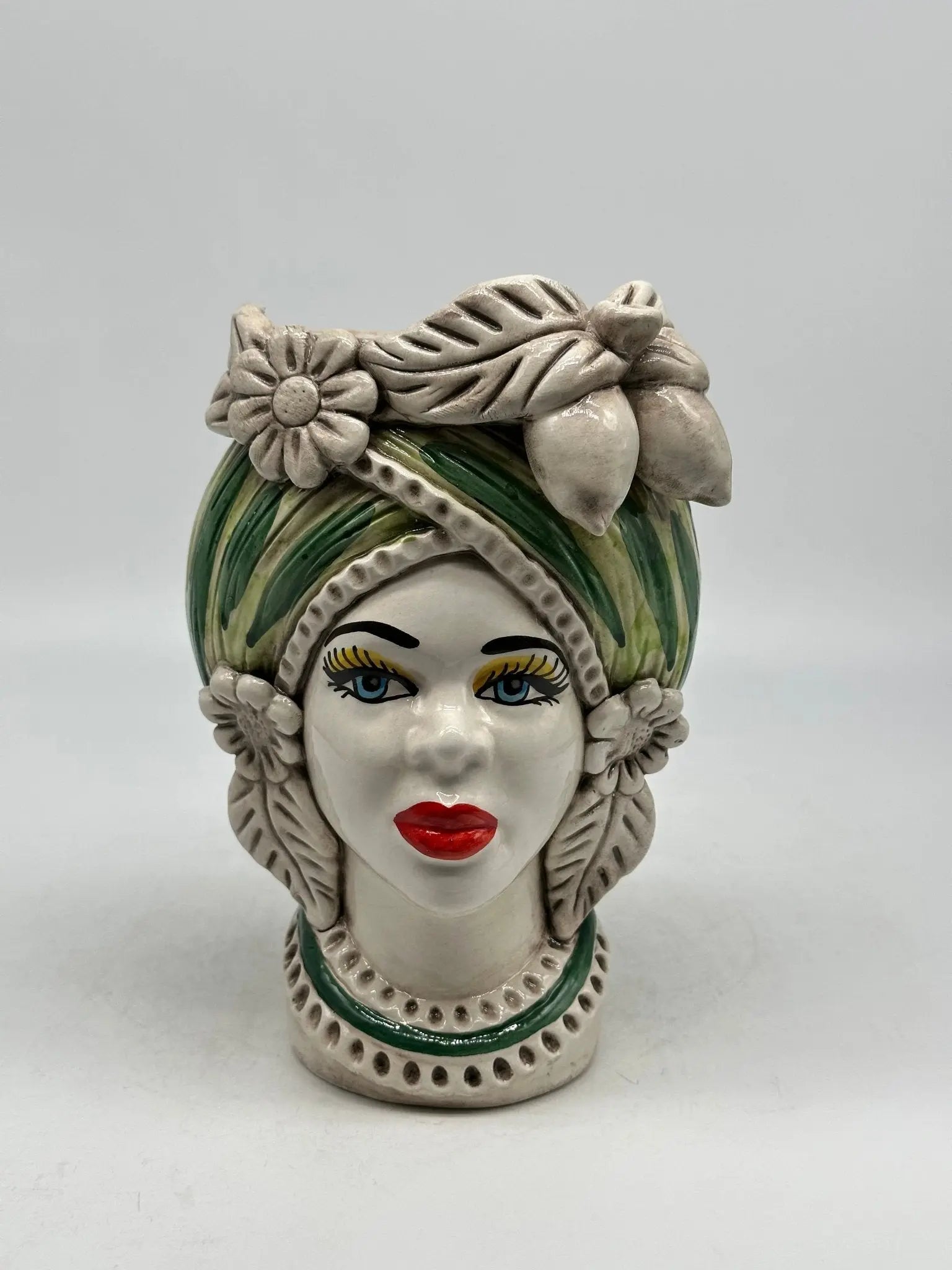 Teste di Moro Moresca Ceramica Caltagirone cm H.22 L.13 Artigianale Turbante Verde - Regina - TESTA DI MORO