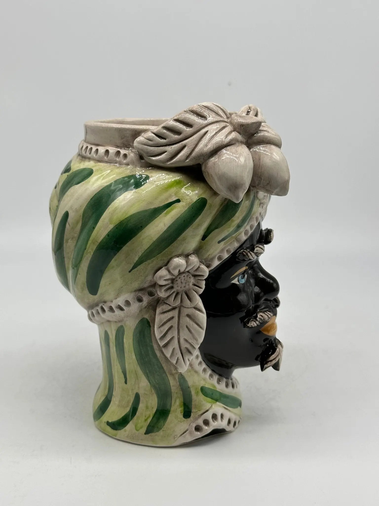 Teste di Moro Moresca Ceramica Caltagirone cm H.22 L.13 Artigianale Turbante Verde - TESTA DI MORO