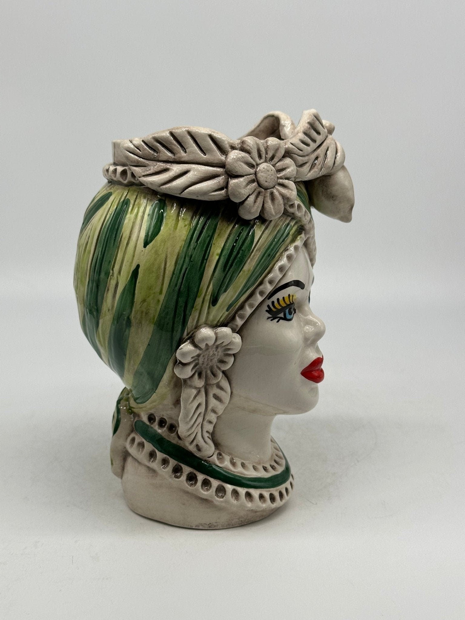 Teste di Moro Moresca Ceramica Caltagirone cm H.22 L.13 Artigianale Turbante Verde - DD CERAMICHE SICILIANE