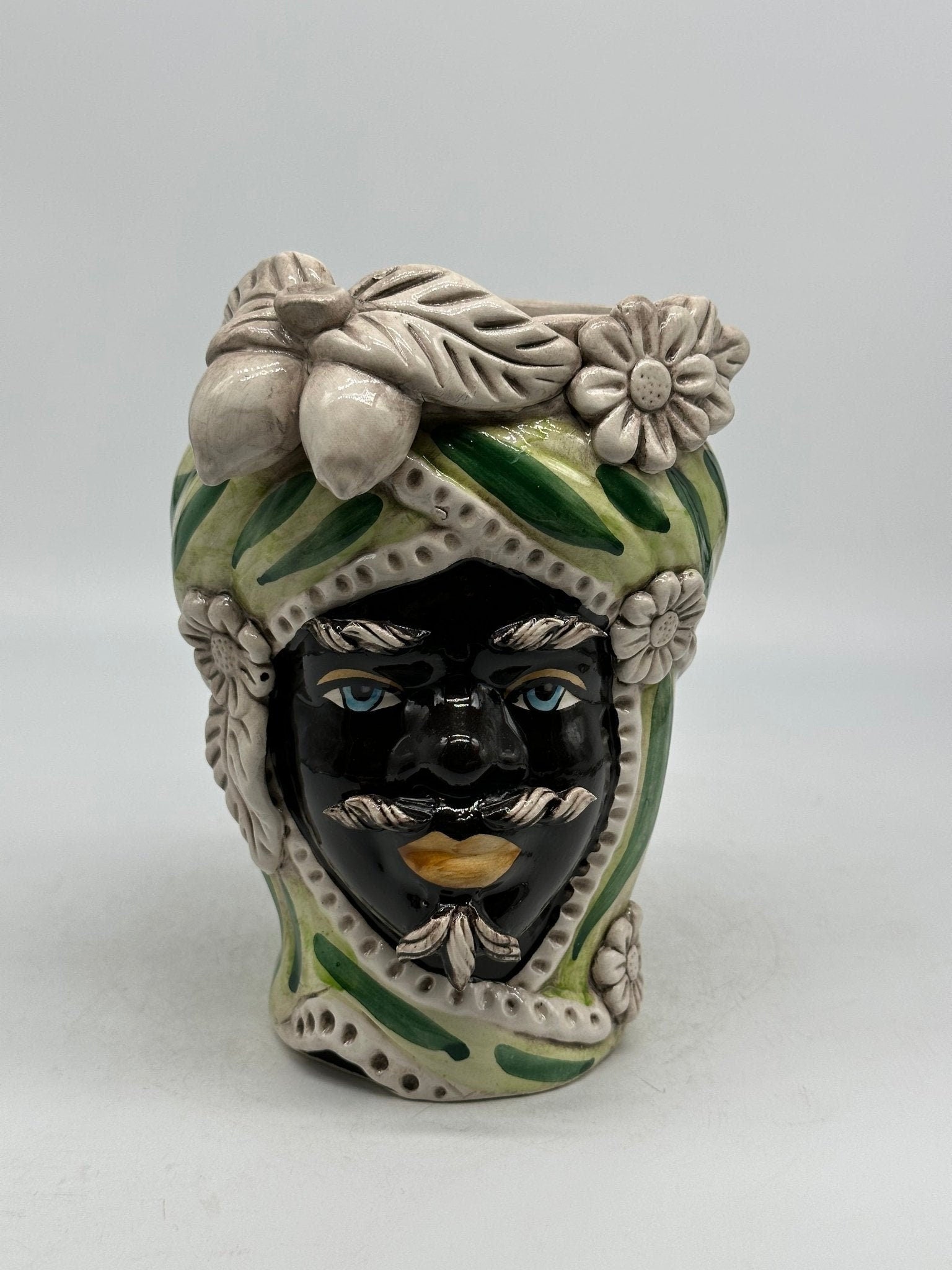 Teste di Moro Moresca Ceramica Caltagirone cm H.22 L.13 Artigianale Turbante Verde - DD CERAMICHE SICILIANE