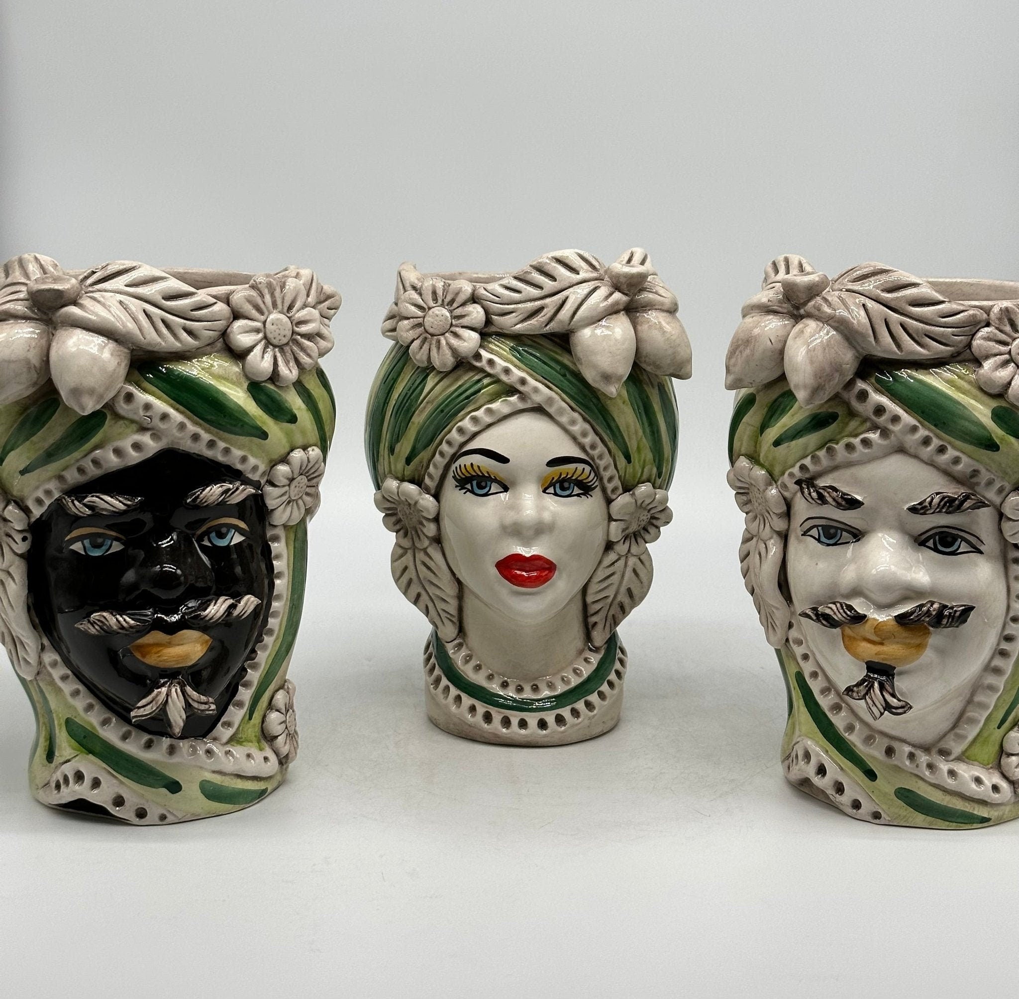 Teste di Moro Moresca Ceramica Caltagirone cm H.22 L.13 Artigianale Turbante Verde - DD CERAMICHE SICILIANE