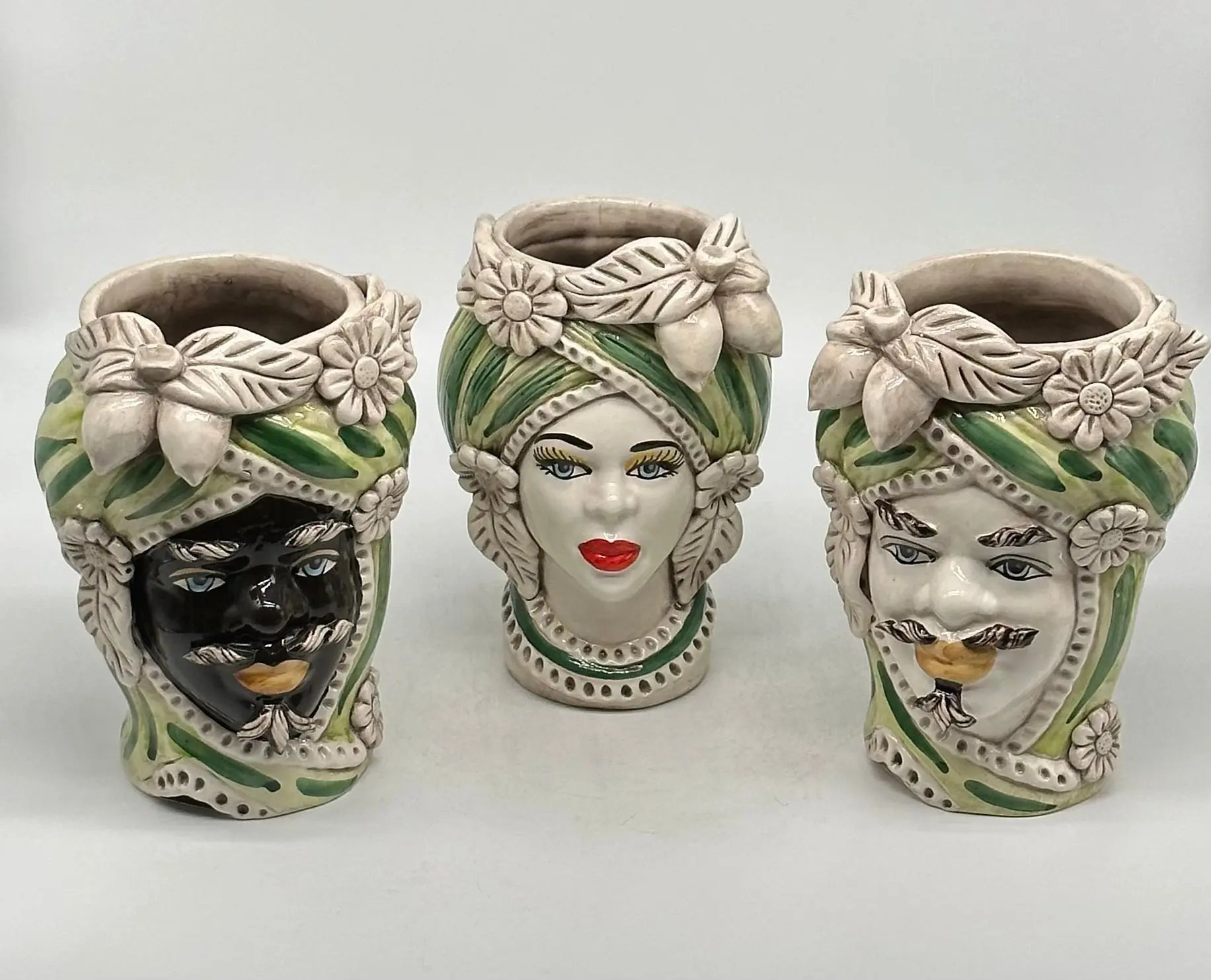 Teste di Moro Moresca Ceramica Caltagirone cm H.22 L.13 Artigianale Turbante Verde - TESTA DI MORO