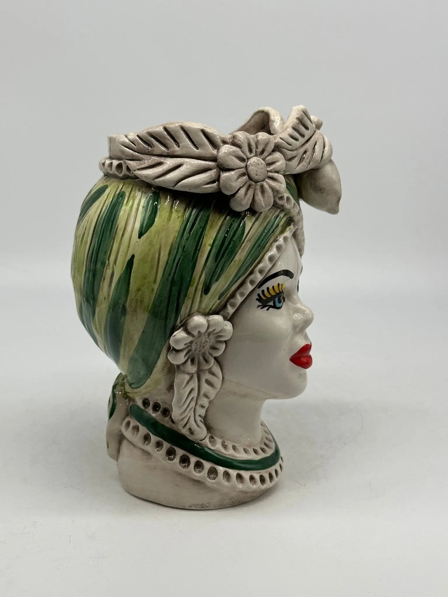 Teste di Moro Moresca Ceramica Caltagirone cm H.22 L.13 Artigianale Turbante Verde - TESTA DI MORO