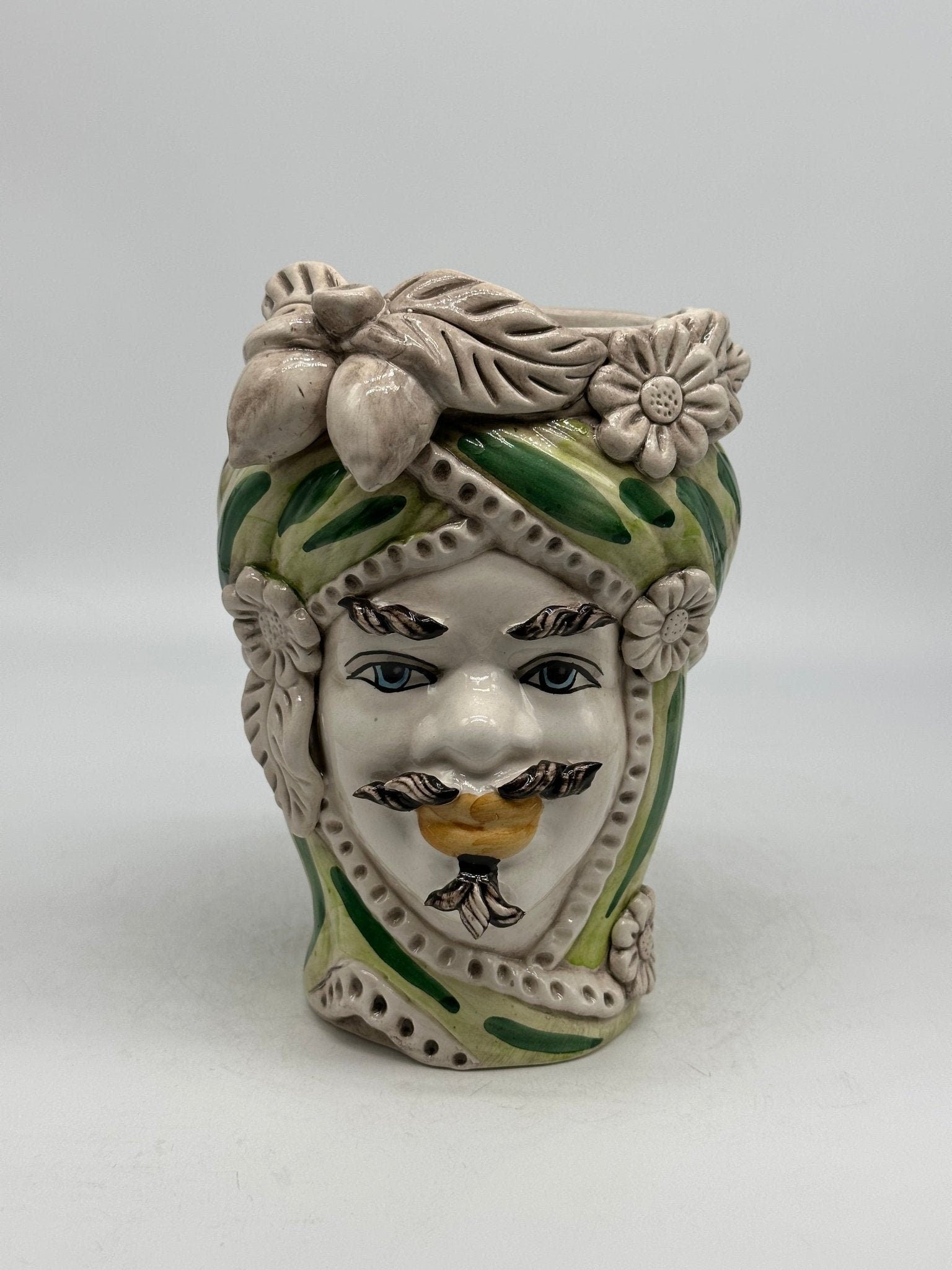 Teste di Moro Moresca Ceramica Caltagirone cm H.22 L.13 Artigianale Turbante Verde - DD CERAMICHE SICILIANE