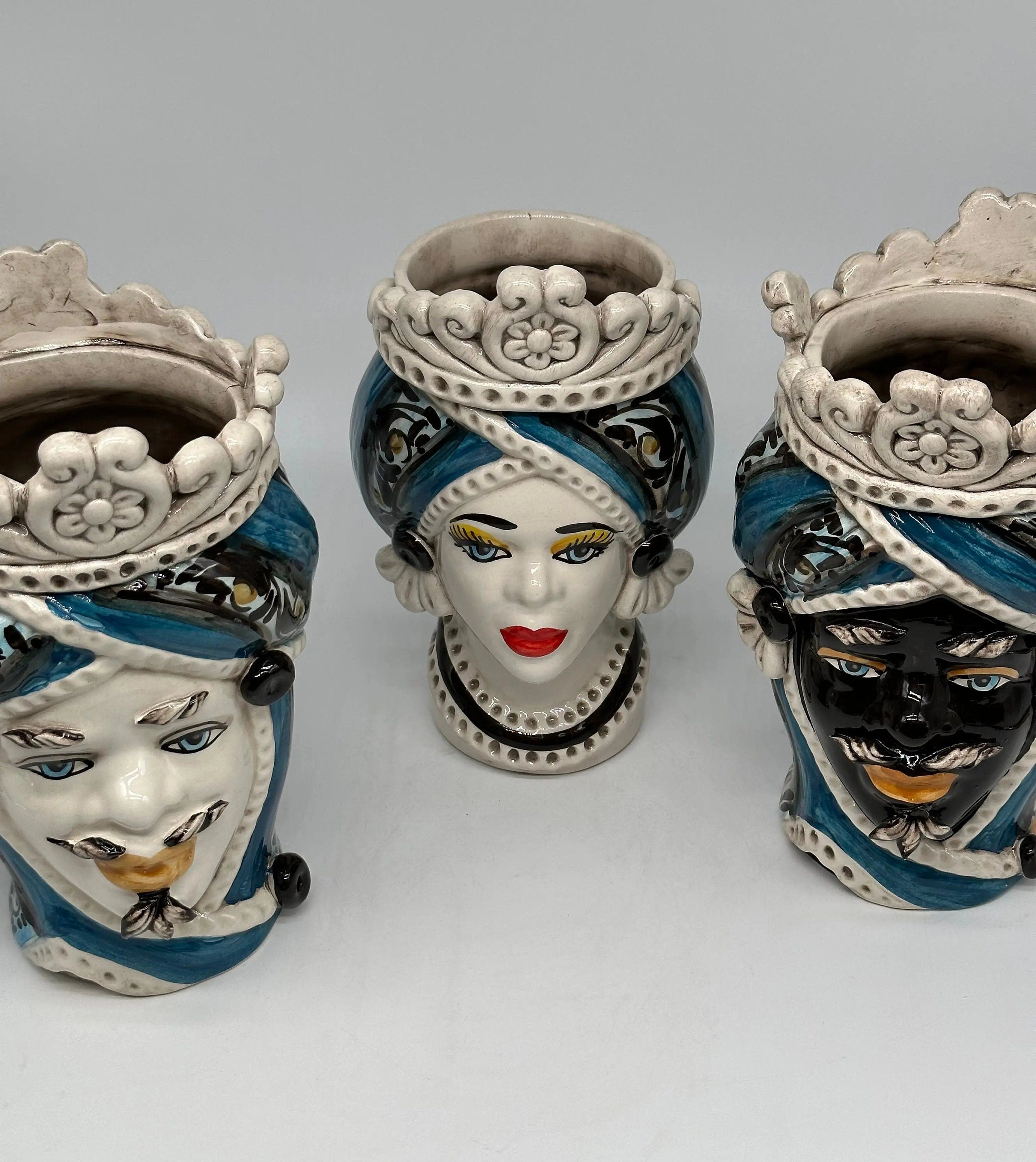 Teste di Moro Moresca Ceramica Caltagirone cm H.22 L.13 Artigianale Decorazione 2020 Blu DD CERAMICHE SICILIANE