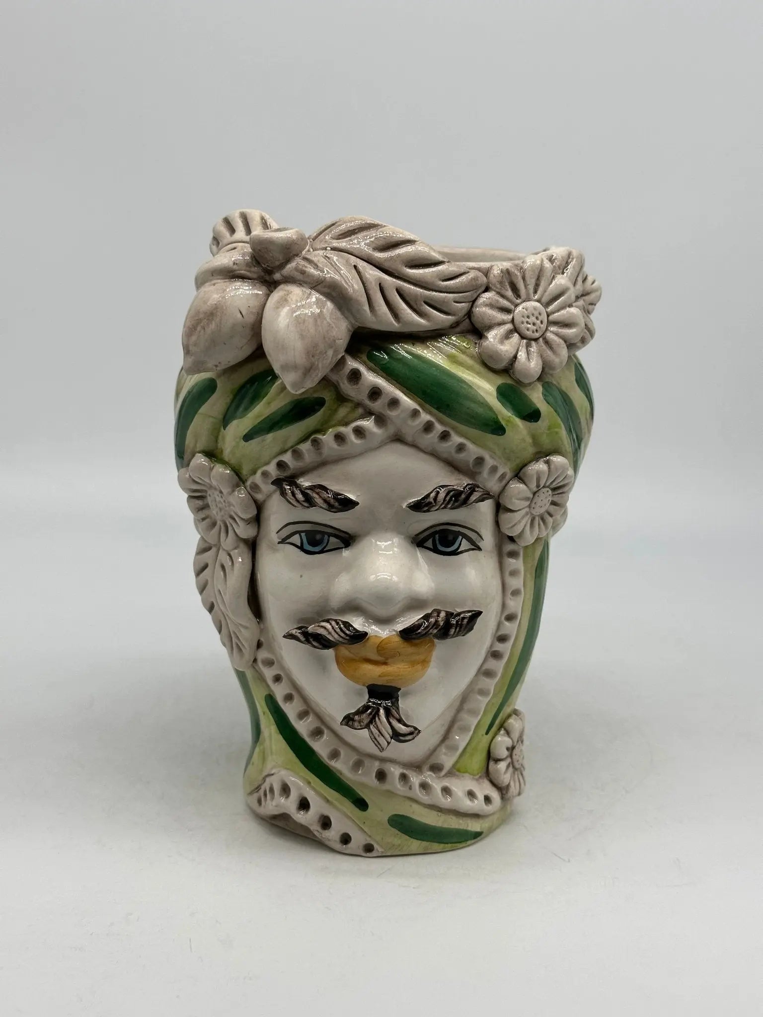 Teste di Moro Moresca Ceramica Caltagirone cm H.22 L.13 Artigianale Turbante Verde - Re Bianco - TESTA DI MORO