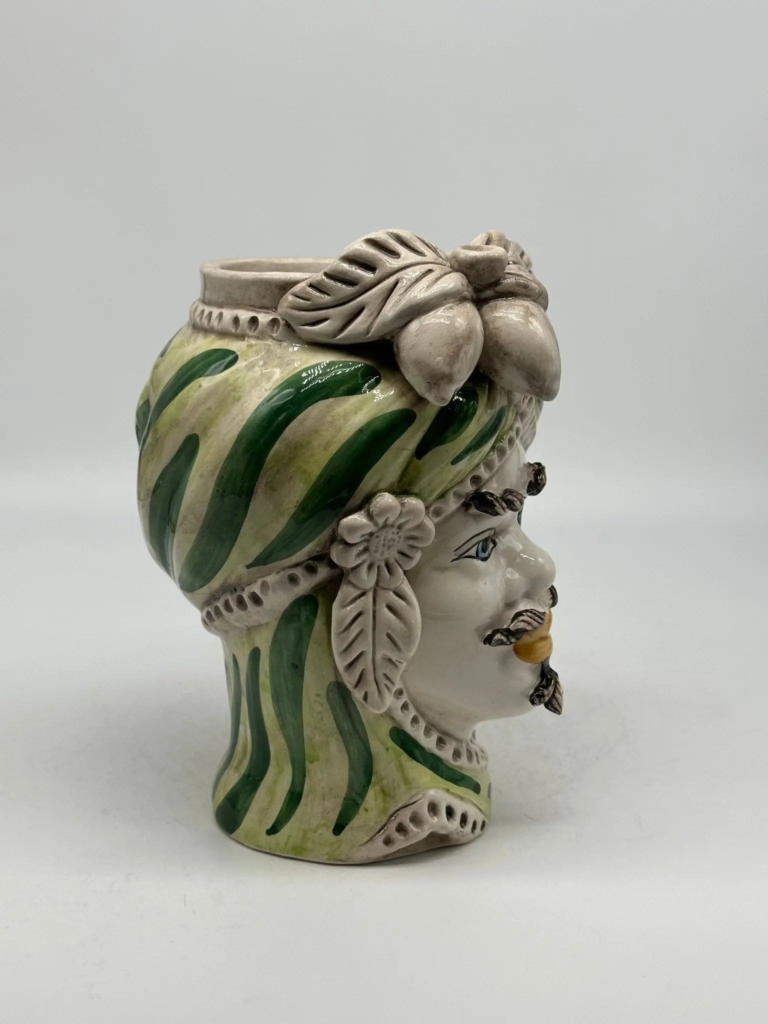 Teste di Moro Moresca Ceramica Caltagirone cm H.22 L.13 Artigianale Turbante Verde - TESTA DI MORO