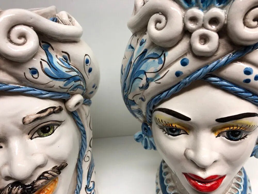 Teste di Moro Moresca Ceramica Caltagirone cm H.28 L.19 Artigianale Barocco Azzurro DD CERAMICHE SICILIANE