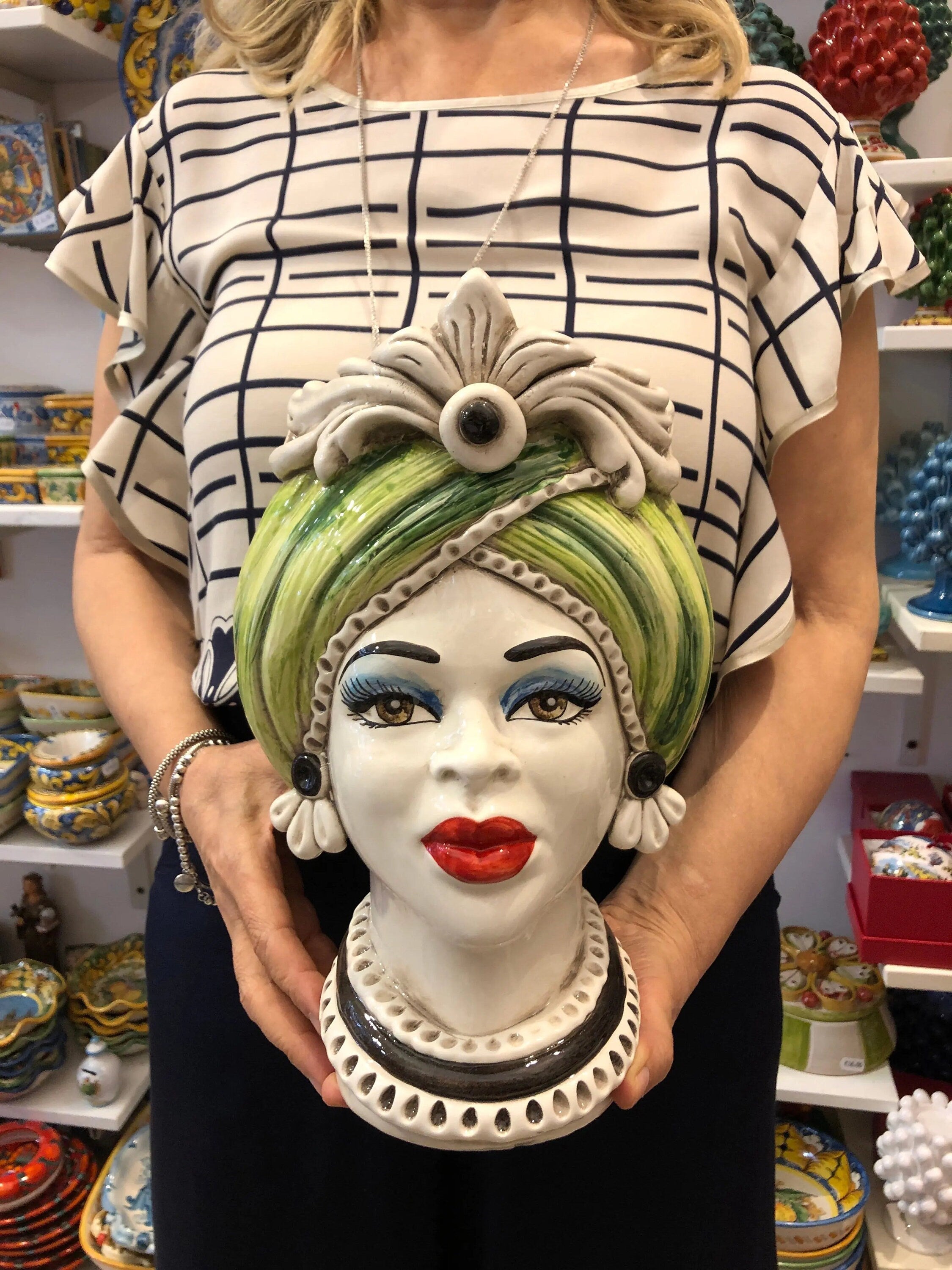 Teste di Moro Moresca Ceramica Caltagirone cm H.28 L.19 Artigianale Turbante Verde DD CERAMICHE SICILIANE