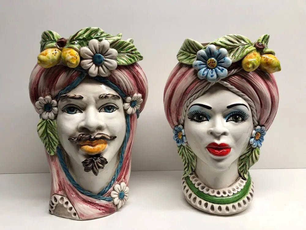 Teste di Moro Moresca Ceramica Caltagirone cm H.28 L.19 Artigianale Turbante Rosa Fiori Limoni DD CERAMICHE SICILIANE