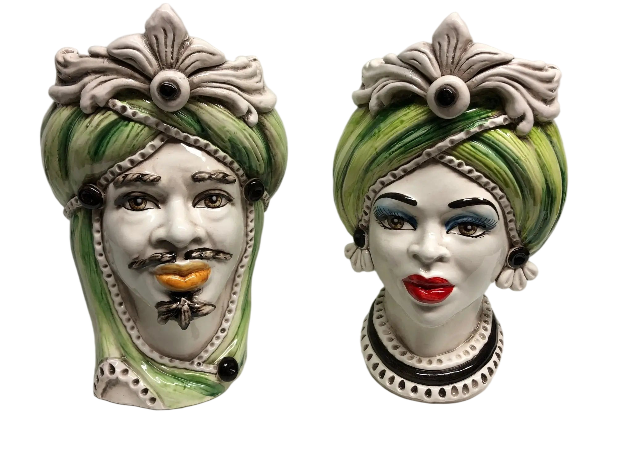 Teste di Moro Moresca Ceramica Caltagirone cm H.28 L.19 Artigianale Turbante Verde - DD CERAMICHE SICILIANE
