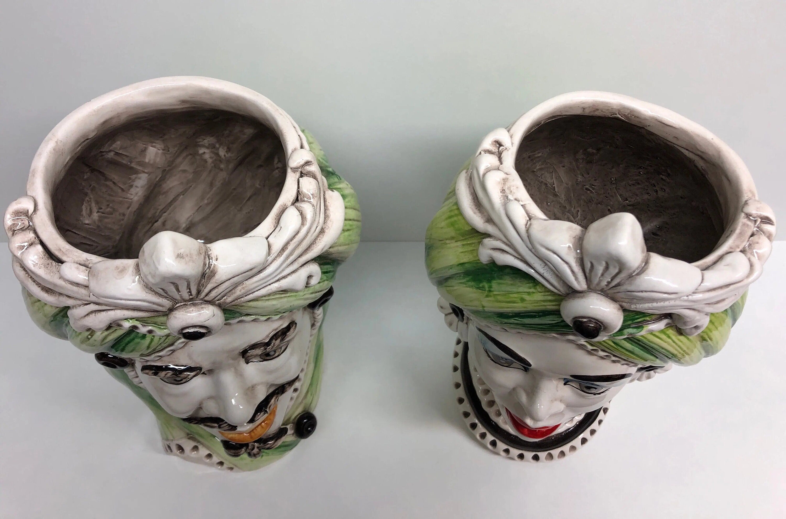 Teste di Moro Moresca Ceramica Caltagirone cm H.28 L.19 Artigianale Turbante Verde DD CERAMICHE SICILIANE