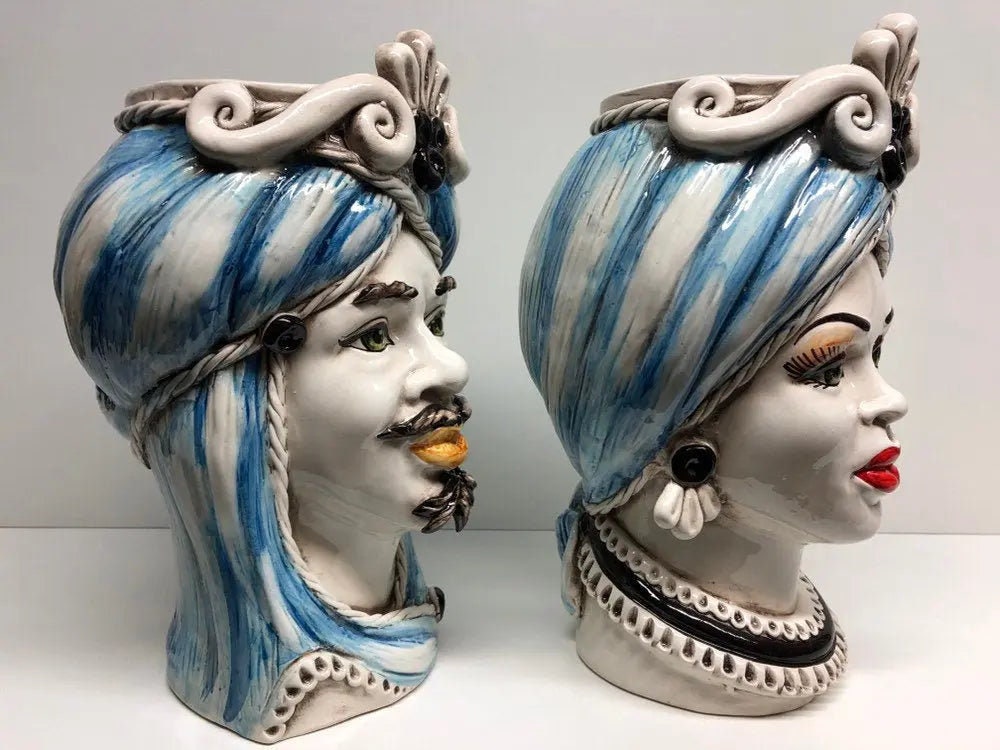 Teste di Moro Moresca Ceramica Caltagirone cm H.28 L.19 Artigianale Turbante Azzurro DD CERAMICHE SICILIANE