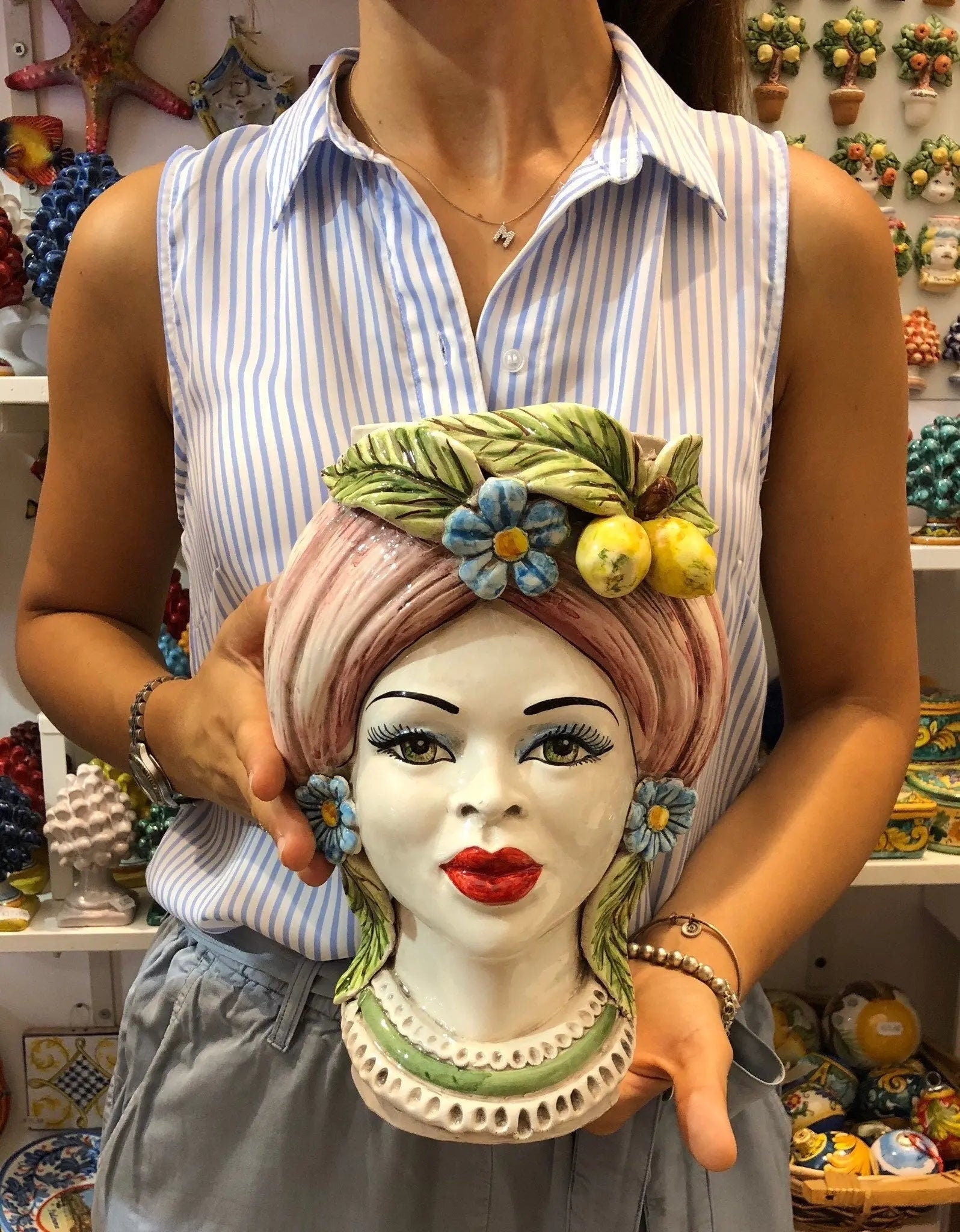 Teste di Moro Moresca Ceramica Caltagirone cm H.28 L.19 Artigianale Turbante Rosa Fiori Limoni DD CERAMICHE SICILIANE